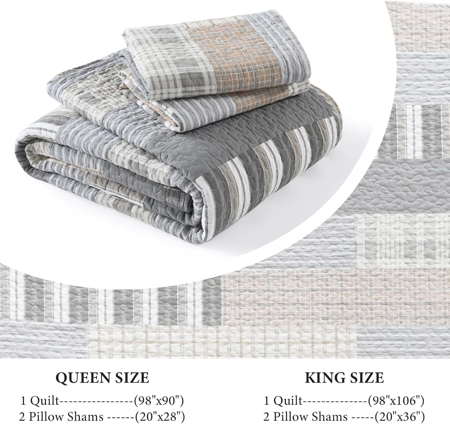 Uniclinens Quilt Set King Size, 100% Cotton Quilted Quilts Bedding Set Bedspreads, Farmhouse Patchwork Plaid Quilted Comforter Set, 3 Pieces Set with 2 Pillowshams, Cream/Grey/Brown