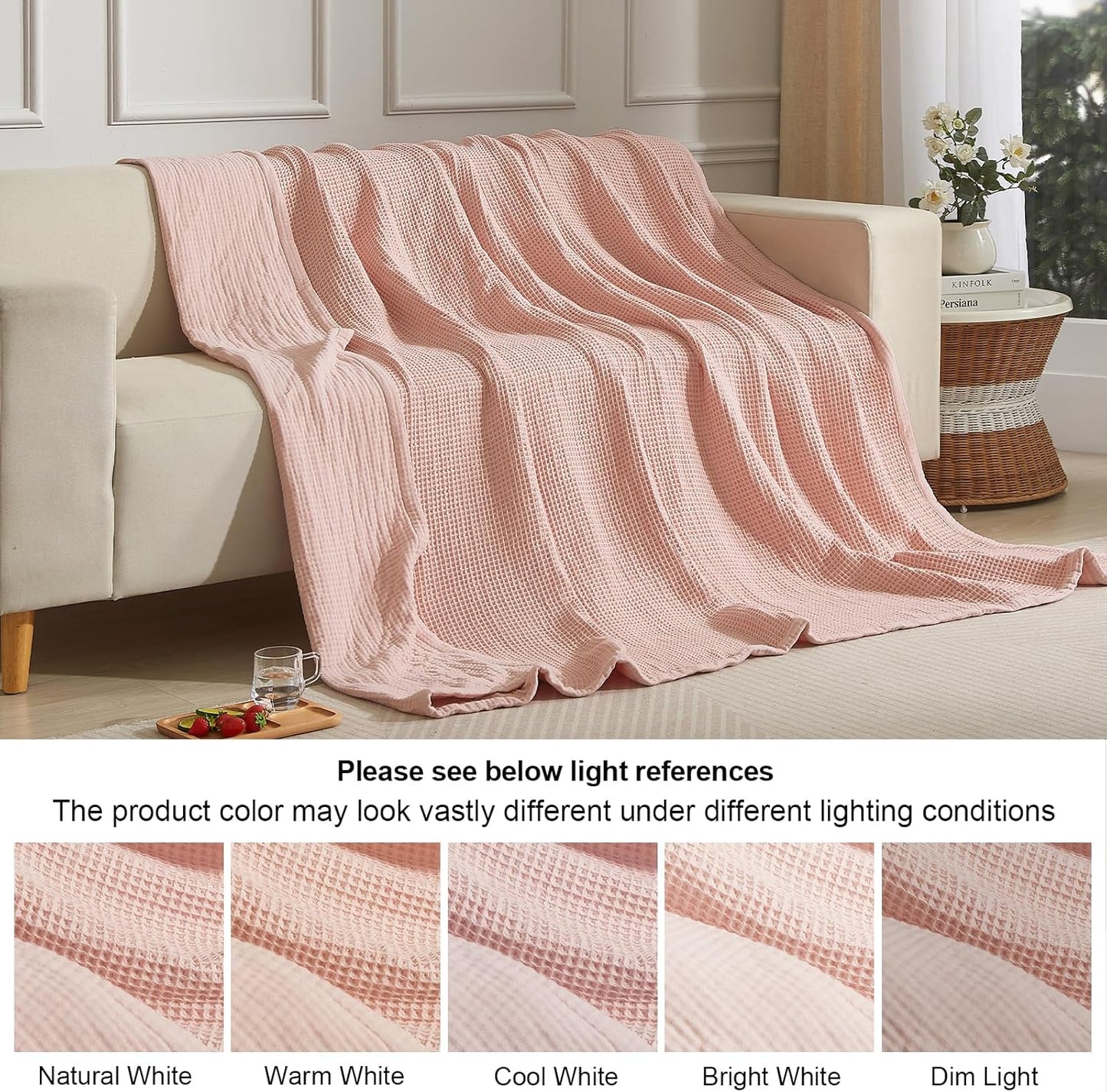 PHF 100% Cotton Waffle & Muslin Blanket King Size, Soft Breathable Luxury 400GSM Versatile Reversible Bedding for Bed, Great for Layering in Cold Weather, Home Decor Gift, 104" x 90", Rose Smoke