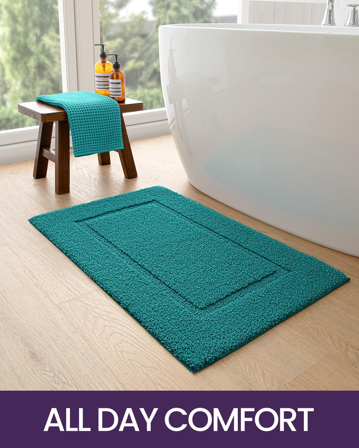 DEXI Bathroom Rugs 43x24, Washable Non Slip Bath Mat for Shower Floor, Absorbent Quick Dry Bathmat with Rubber Backing, Ultra Soft Plush Carpet for Tub, Teal