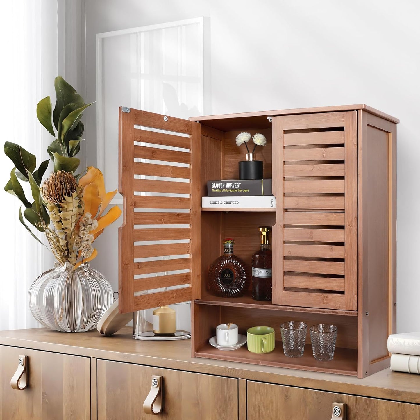 HYNAWIN Bamboo Wall Cabinet, Over Toilet Bathroom Furniture, Wall Mounted Storage Medicine Cabinet with Two Doors & Adjustable Shelves, for Bathroom, Kitchen, Living Room, Walnut, Dark Brown