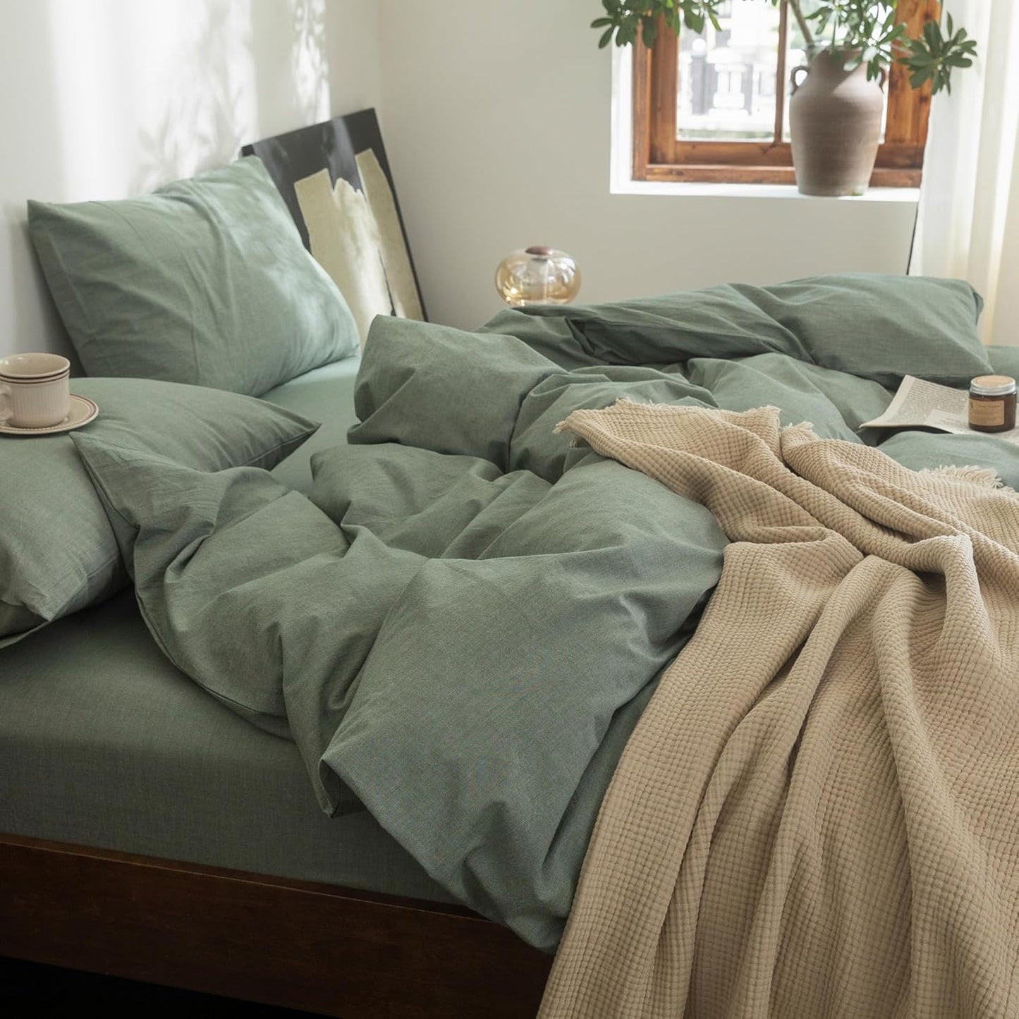 FOSSA Duvet Cover Set 100% Washed Cotton Linen Feel Super Soft Breathable Cozy Simple Style 3 Pieces Bedding Sets Solid Heathered Green Super Queen