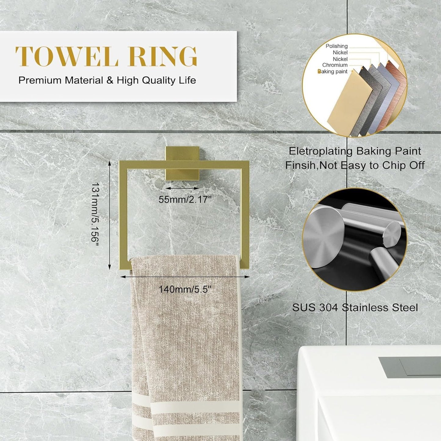 Bathroom Accessory Towel Bar Set: 15 Pieces Gold Bathroom Hardware Square SUS304 Stainless Steel - Wall Mounted Towel Rack&Toilet Paper Holder&Towel Ring and Towel Hook