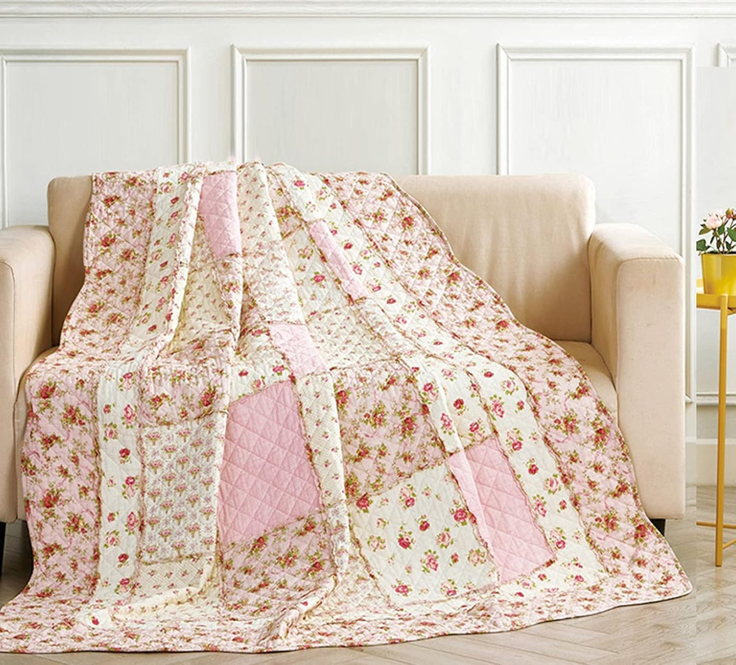 Cozyholy Original 100% Cotton Patchwork Quilt Full Queen Size Pink Floral Bedspread Coverlet Reversible Vintage Shabby Chic Quilted Throw Blanket Bed Quilt Cover for Couch Sofa