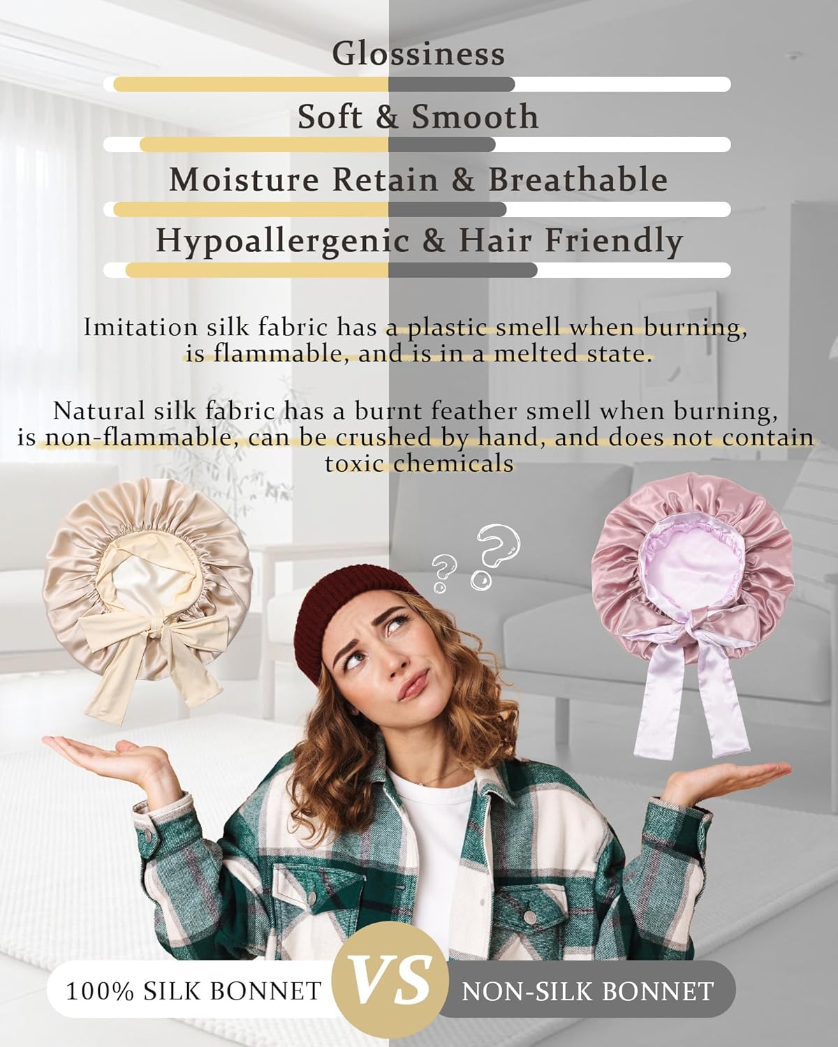 100% Mulberry Silk Bonnet for Sleeping Women Double Layer Silk Hair Bonnet Natural Silk Sleep Cap with Elastic Reversible Hair Wrap (Champagne+Beige)
