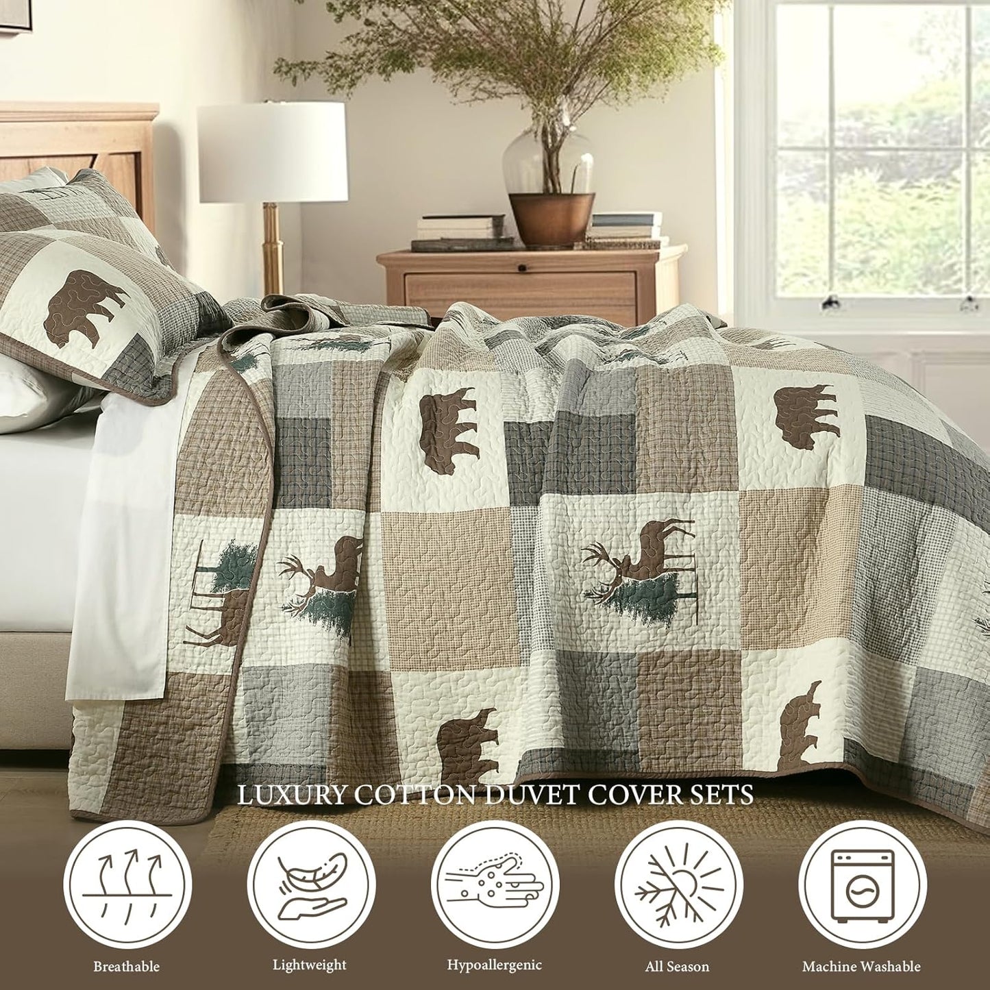 Uniclinens Plaid Quilt Set King Size, 100% Cotton Patchwork Quilts, Brown Farmhouse Lightweight Quilted Comforter, Soft Rustic Bedspread, 3 Pieces Set with 2 Pillowshams, Beige/Brown/Gray
