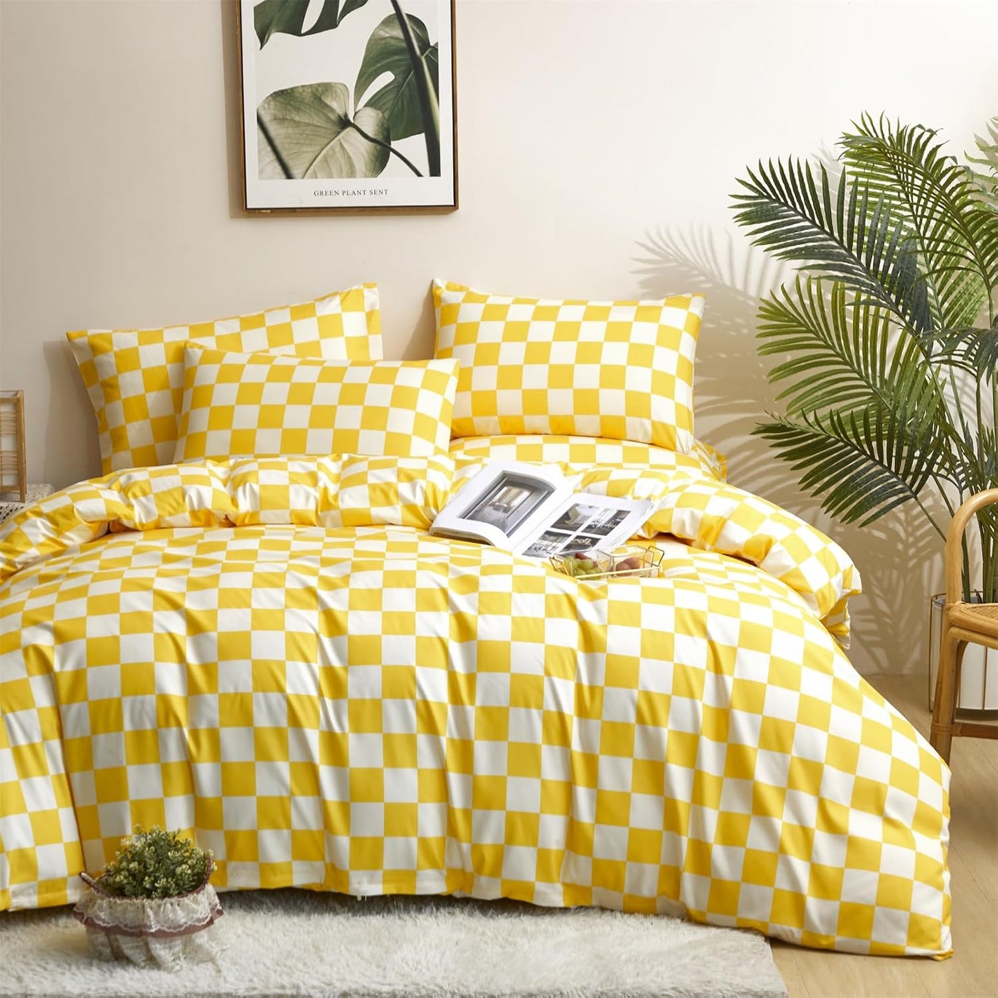 KAREVER Brand King 3PC Bedding Set, Grid Yellow White Comforter Set with Checkered Pattern, All Season Breathable Blanket Set, Durable Bedding for Men and Women, Ideal Gift