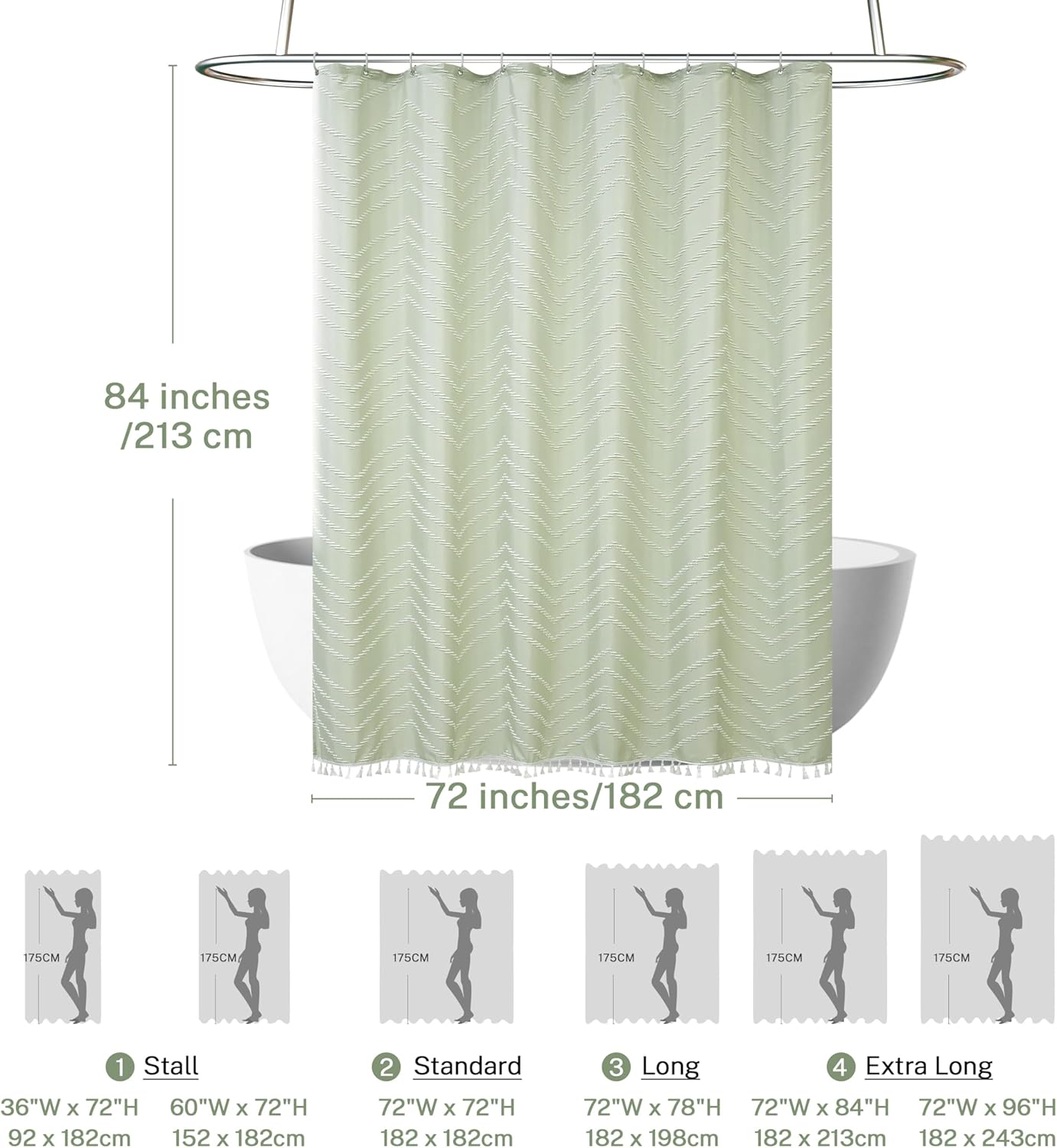 Extra Long Sage Green Boho Shower Curtain with White Tassel, Woven Fabric 84 in Shower Curtain, Tufted Chevron Striped, 72 x 84, Modern Chic Textured Minimalist Bathroom Shower