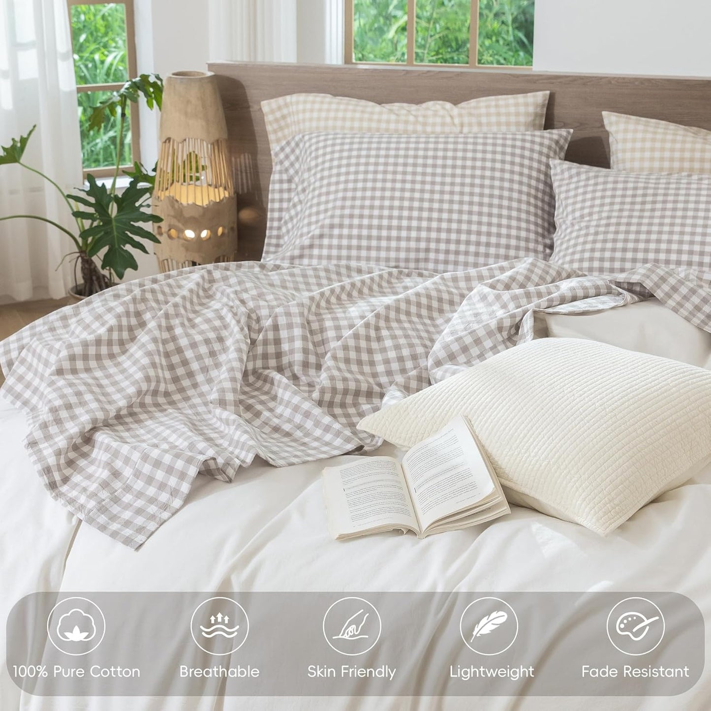 MooMee Gingham Sheet Set 100% Washed Cotton Linen Like Textured Breathable Soft w/Fully Elasticized 16-19" Deep Pocket (Classic Gingham Tannish Linen Grey, King)