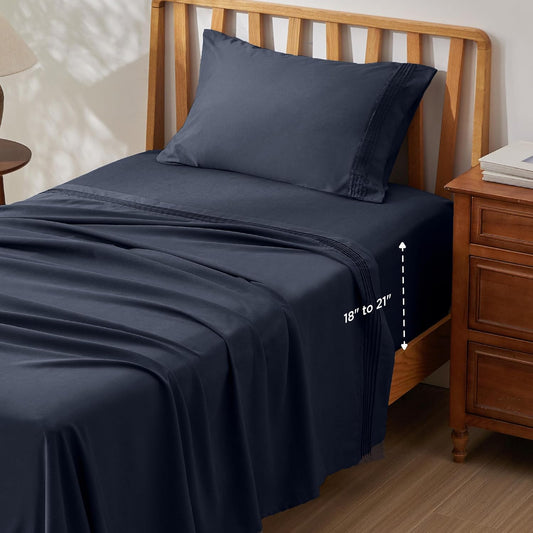 Bedsure Deep Pocket Twin Sheets Set - Fits Mattresses Up to 21 Inches Thick -3 Piece GentleSoft Bed Sheets, Moisture Wicking, Soft & Cooling Bedsheet & Pillowcases, Easy & Secure Fit, Navy