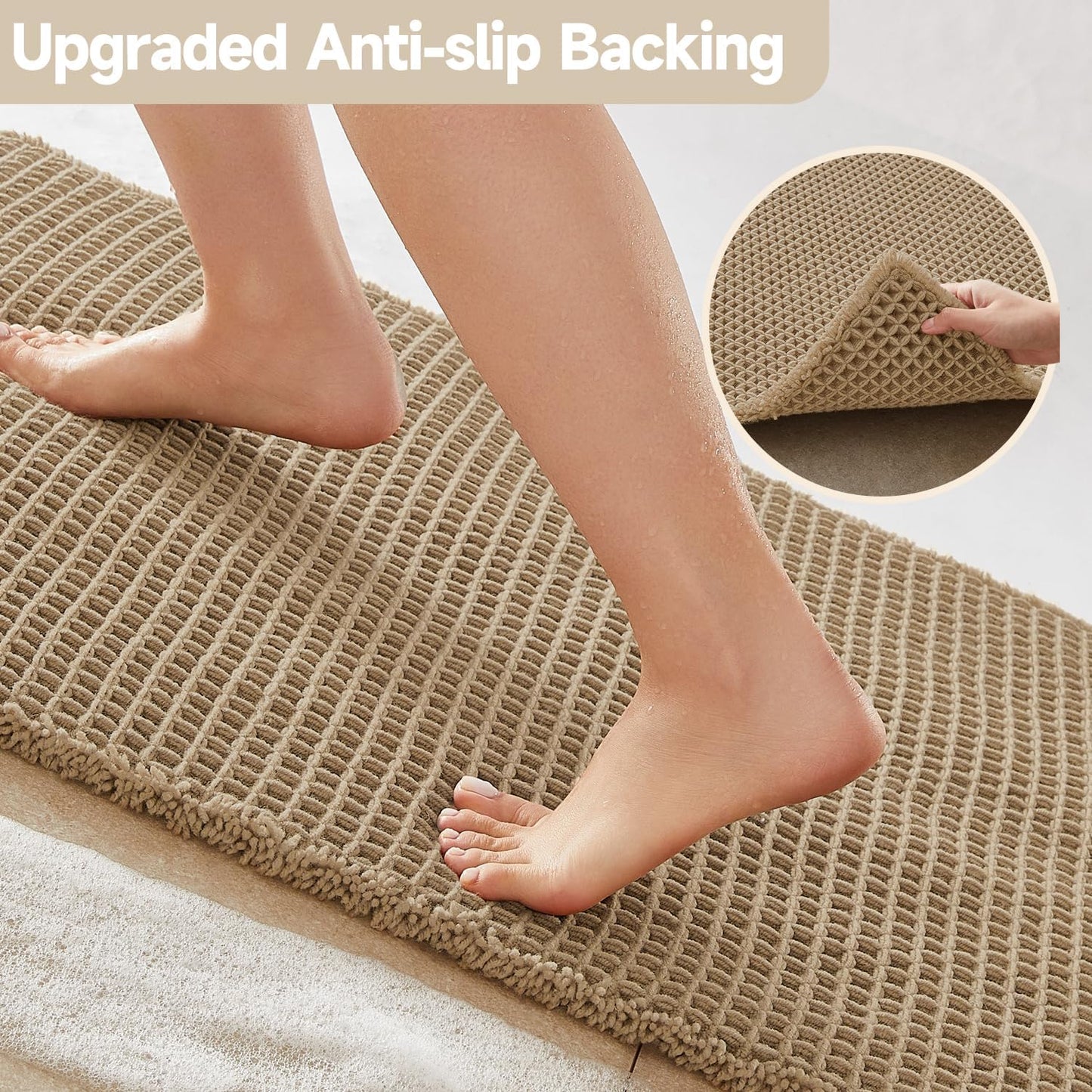 Waffle Bath Mat, Boho Bathroom Rugs Non Slip Washable Super Absorbent Quick Dry Farmhouse Bathroom Decor, 24"x16" / 1'4" x 2' Khaki