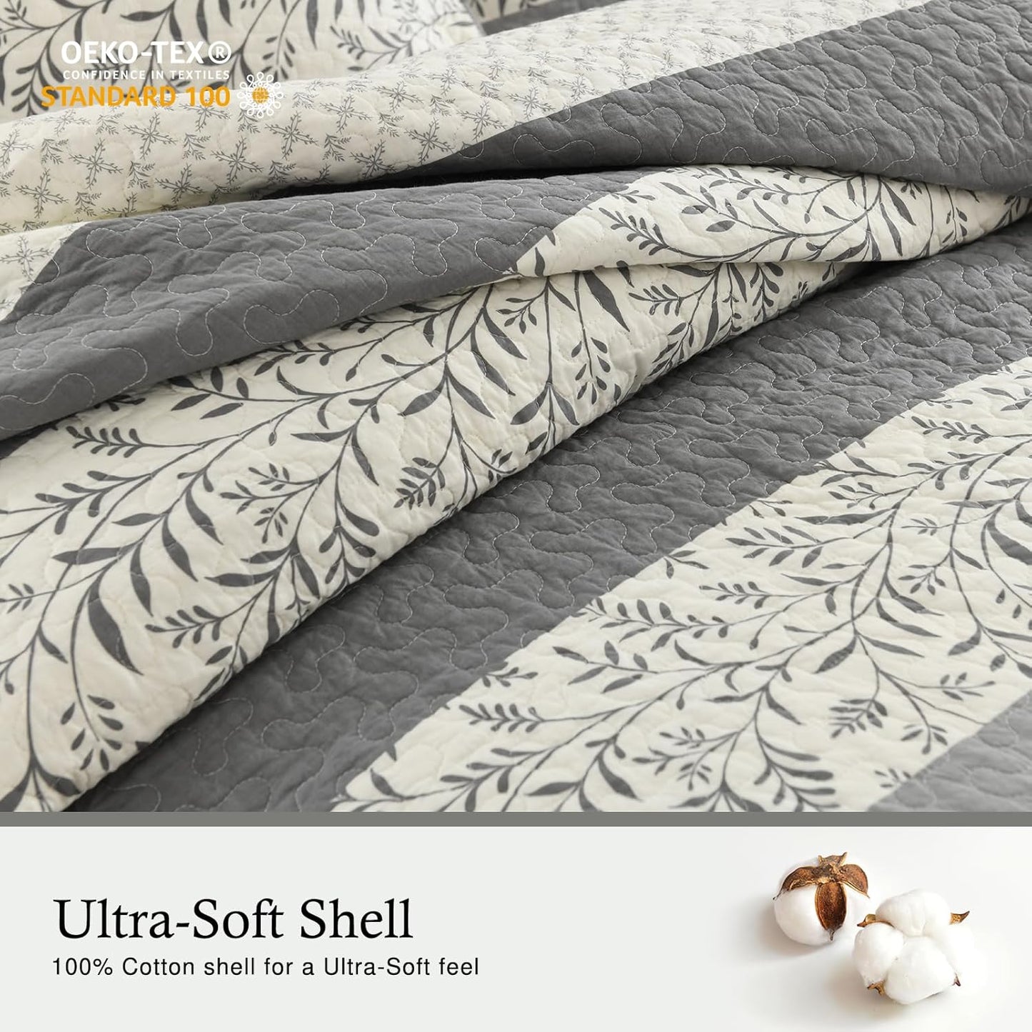 Stripe King Size Quilt - 100% Cotton Lightweight Quilt Bedding Set 3 Pieces, Vintage Vine Pattern Quilted Bedspread with 2 Pillow Shams, Farmhouse Printed Coverlet for All Season, Gray