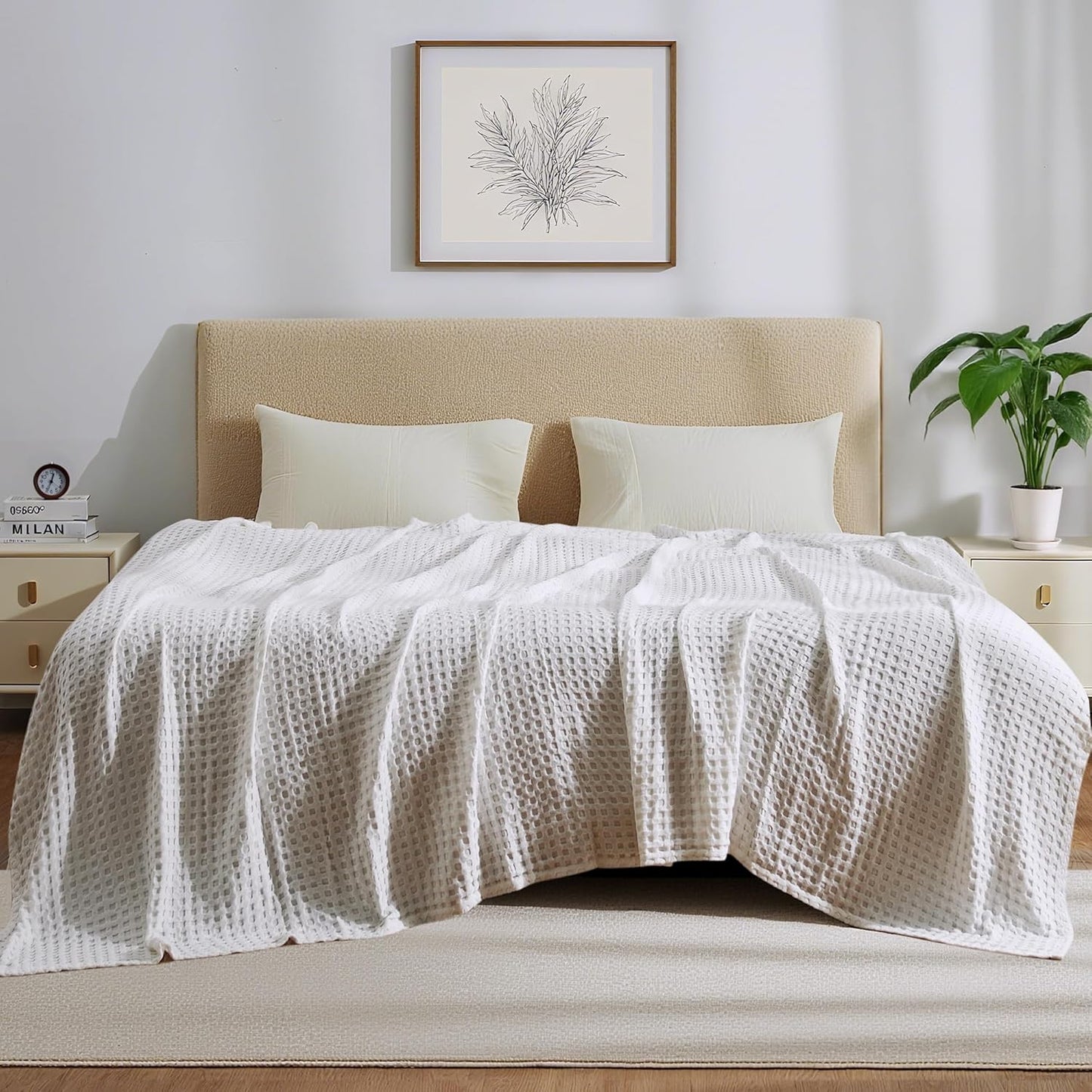 Aganear Waffle Blanket - Lightweight Breathable Summer Blanket of 50% Cotton and 50% Rayon Derived from Bamboo for Hot Sleepers Luxury Throws for Bed, Couch and Sofa,White,66x90 Inches