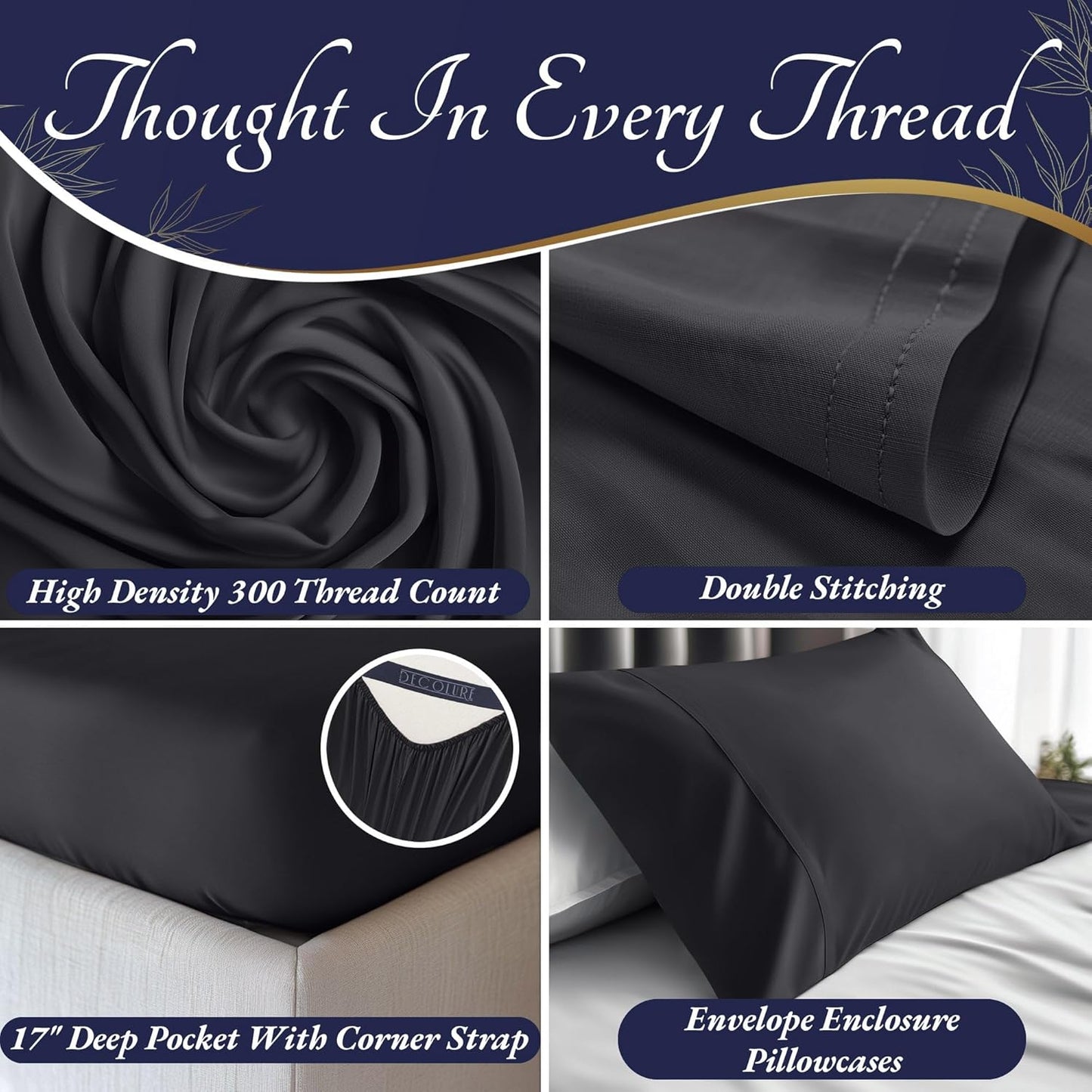 DECOLURE 100% Viscose Derived from Bamboo Sheets Full Size 4pcs - Ultra Soft & Luxuriously Cooling, 17" Deep Pocket, Double Stitching, Perfect for Hot Sleepers - Full Bed Sheets (Charcoal)