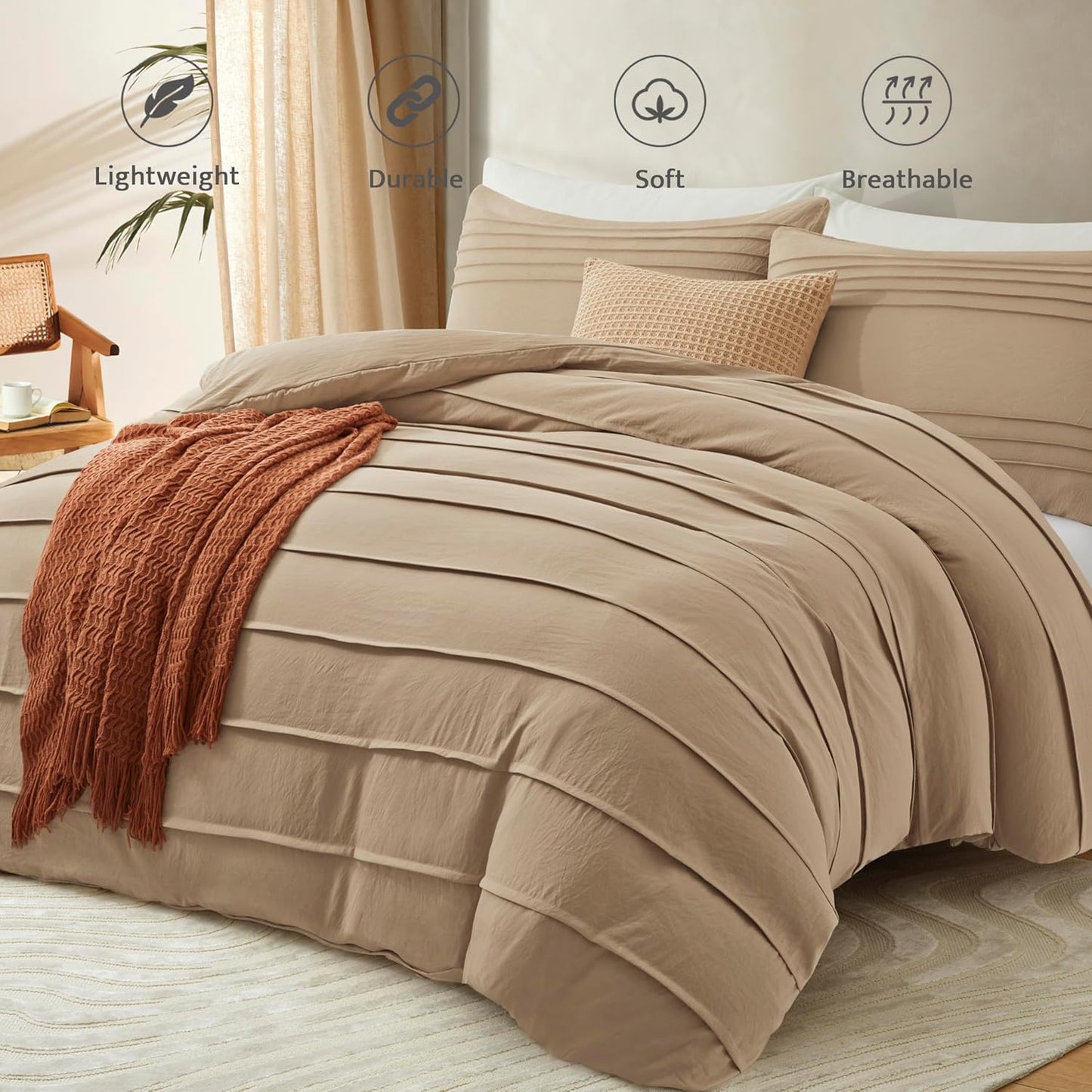 Oli Anderson Khaki Duvet Cover Queen Size - Pleated Queen Duvet Cover, 3PCS Soft and Breathable Textured Bedding Set with Zipper Closure(Khaki,90"x90")