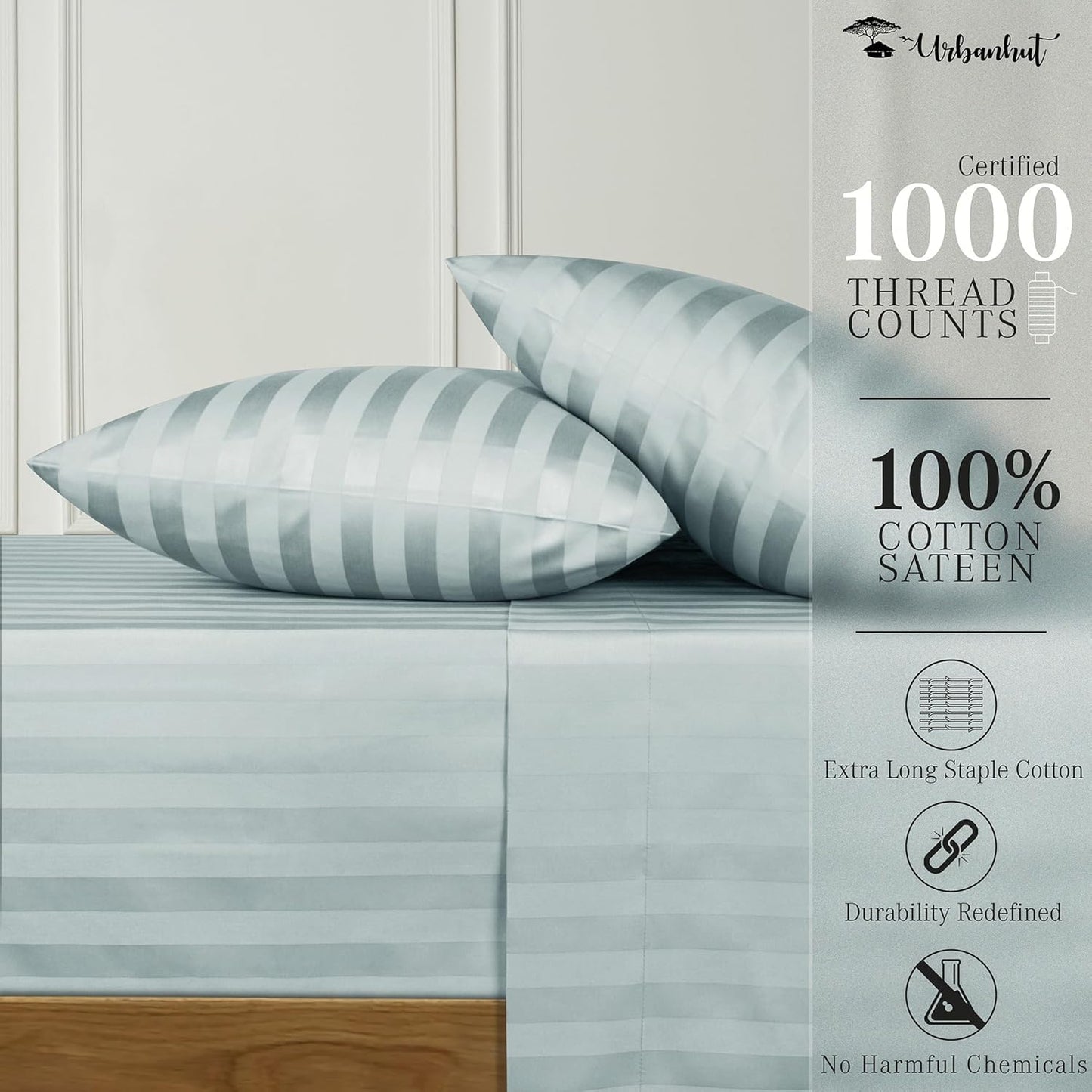 URBANHUT 1000 Thread Count Damask Striped Queen Sheet Set Egyptian Cotton, Long Staple Soft & Breathable, 4 Pcs Bed Sheet Sets, Luxury Hotel Sateen Finish Sheets Fits 16" Deep Pocket - Light Blue