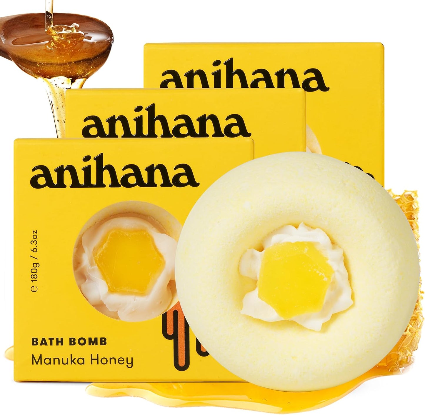 ANIHANA Bath Bombs with Coconut Oil, Paraben Free, Hand-Crafted Luxury Fizzers, Refreshing Manuka Honey Scent, 6.3 oz Each, 3 Pack