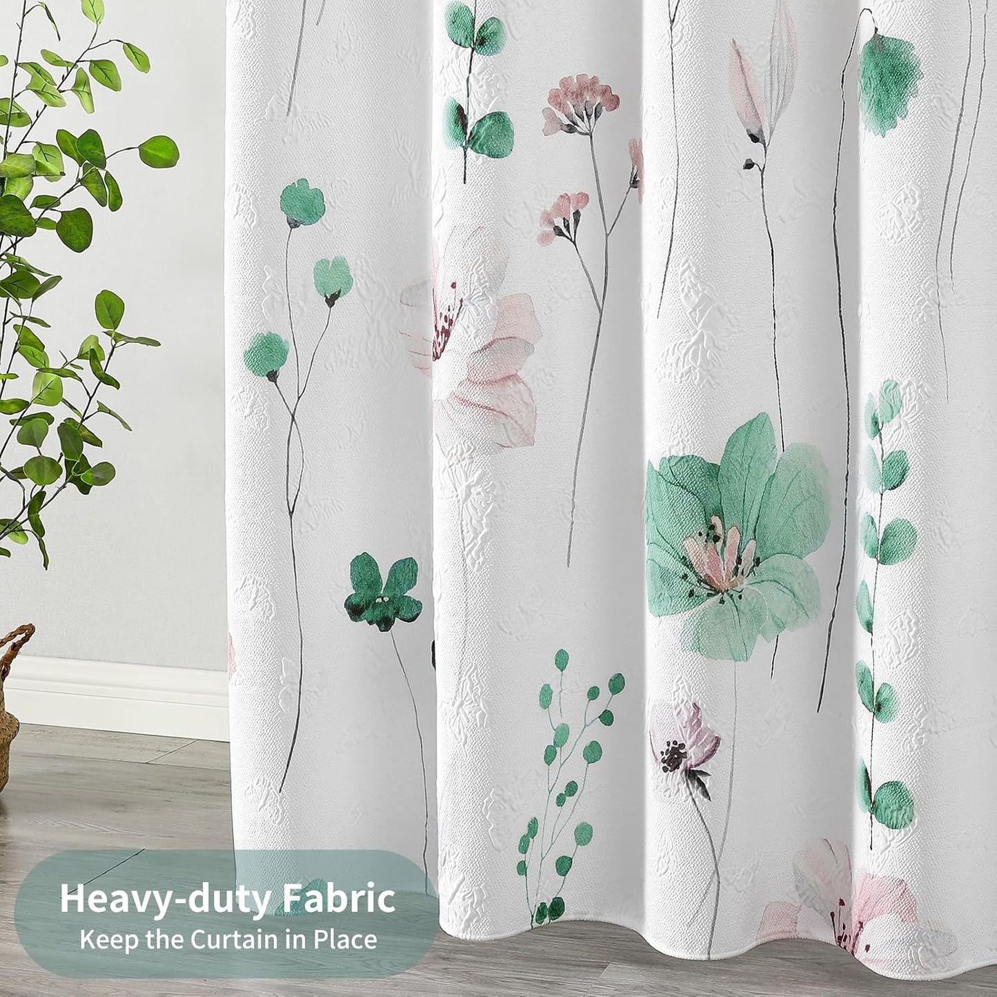 QiyI Extra Long Shower Curtain 72 x 84, Modern Watercolor Floral Bath Curtain, 3D Embossed Texture Sage Green Flower Cloth Bathroom Curtain, Waterproof Fabric Farmhouse Shower Curtain Set with Hooks