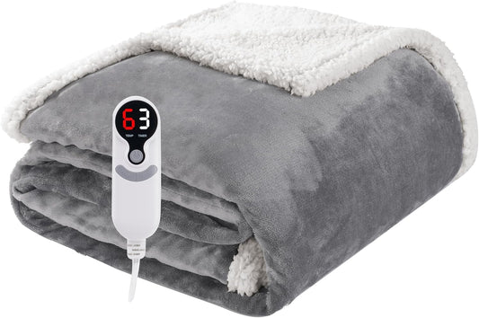 Electric Heated Blanket Throw Size 50"x60", Soft Flannel with Overheat Protection, 6 Adjustable Heat Settings & 3-Hour Auto-Off Timer, Fast Heating for Winter Comfort, Light Grey