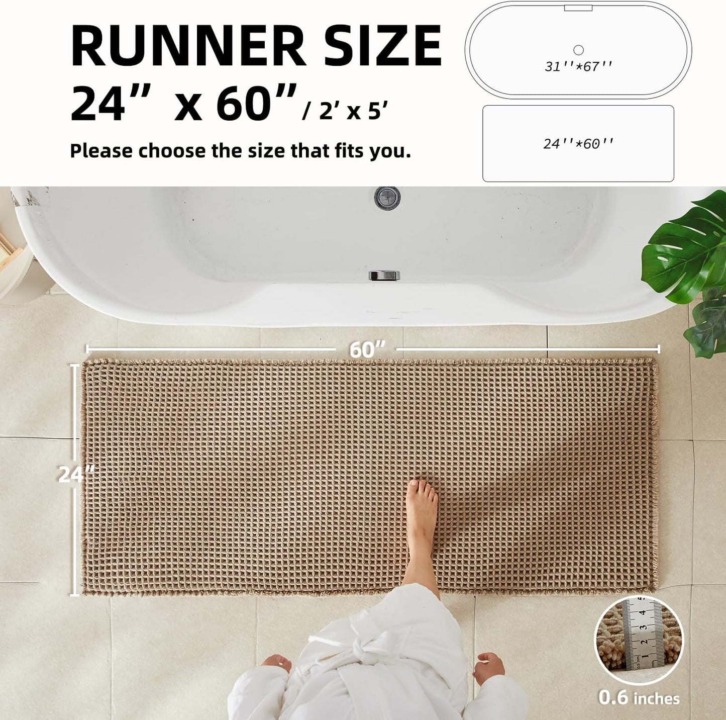 Waffle Runner Rug Bathroom, Long Boho Bathroom Rugs Non Slip Washable Super Absorbent Quick Dry Farmhouse Bath Decor, 60"x24" Beige