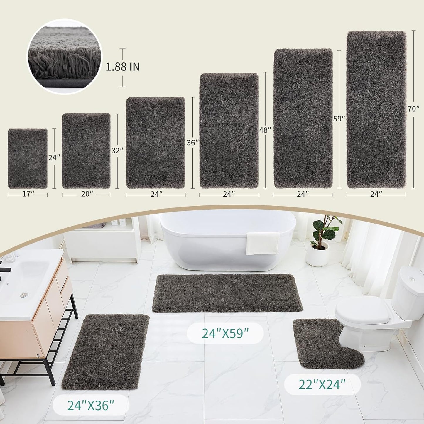 Bathroom Rugs 24x48 Non Slip Dark Grey Fluffy Bath Mat for Bathroom Floor Washable Plush Luxury Bath Rug for Tub Soft Shaggy Absorbent Shower Sink Mat