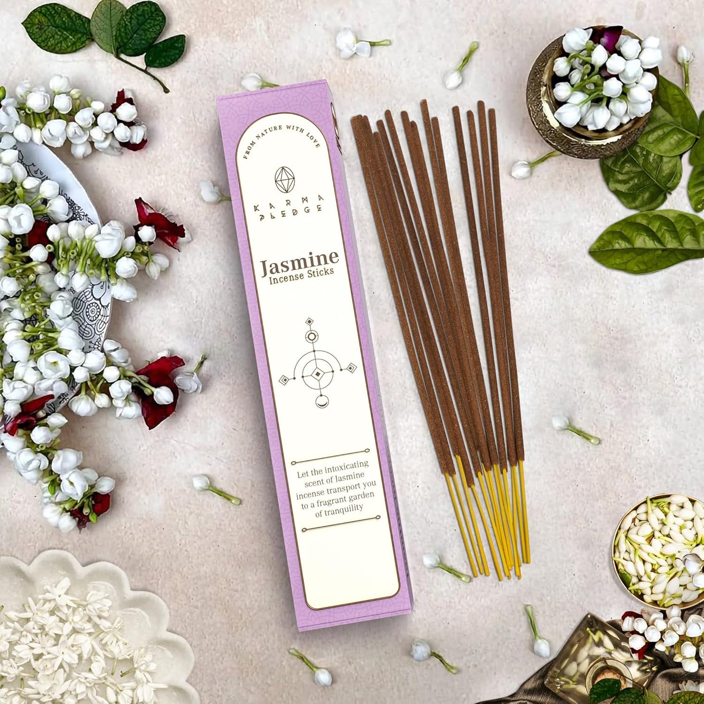 Jasmine Incense Sticks, Organic Hand Dipped Incense, Natural Herbs & Aromatic Ingredients, Contain 40 Sticks Inside, Burn Time 45-60 Min, Spiritual Gifts, Incense by Karma Pledge