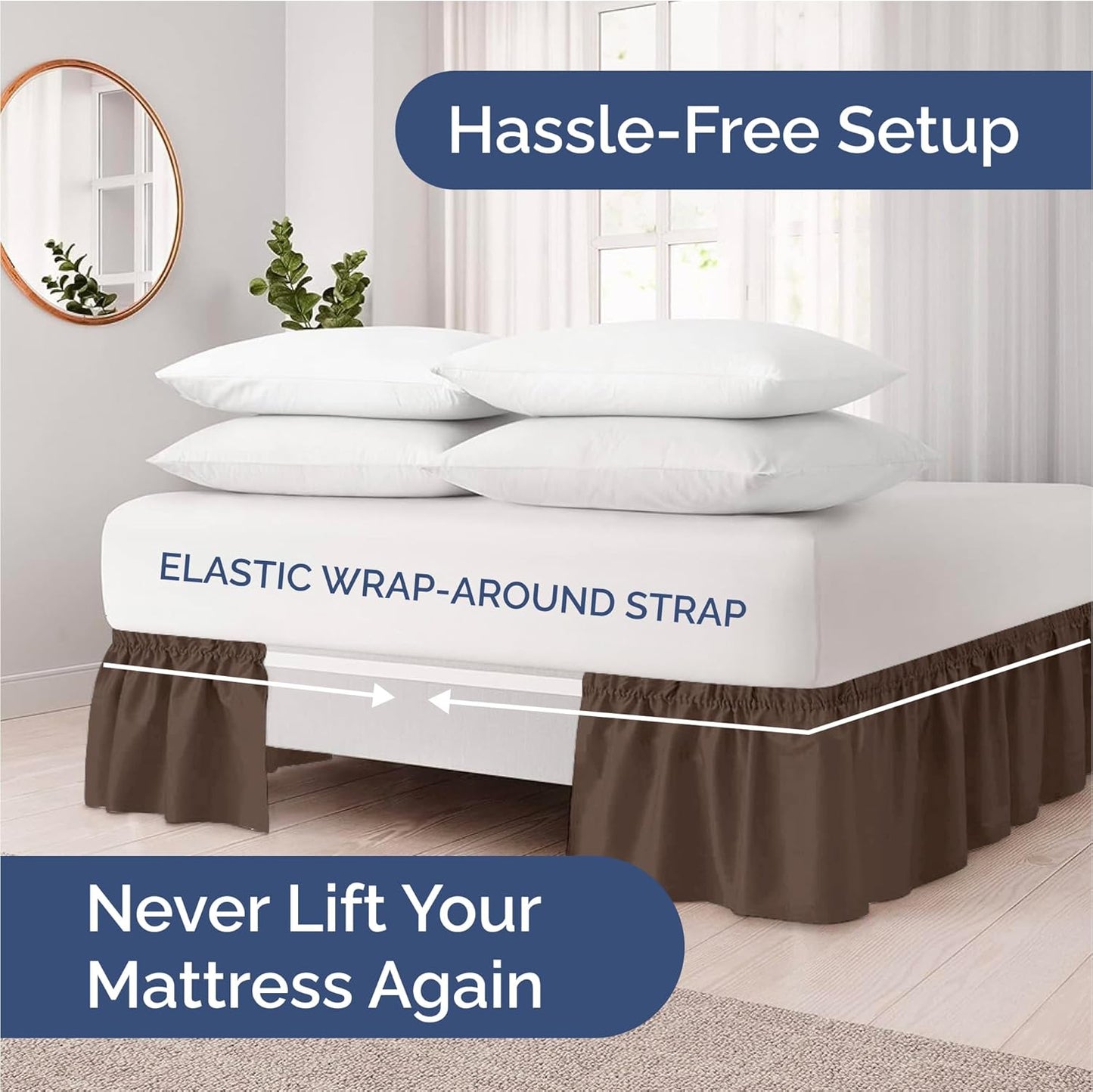 Wrap Around Dust Ruffle Bed Skirt - Brown - for King Size Beds with 15 Inch Drop - Easy Fit Elastic Strap - Adjustable Pleated Bedskirt w/Brushed Fabric - Wrinkle Free - for Women, Men, Kids & Teens