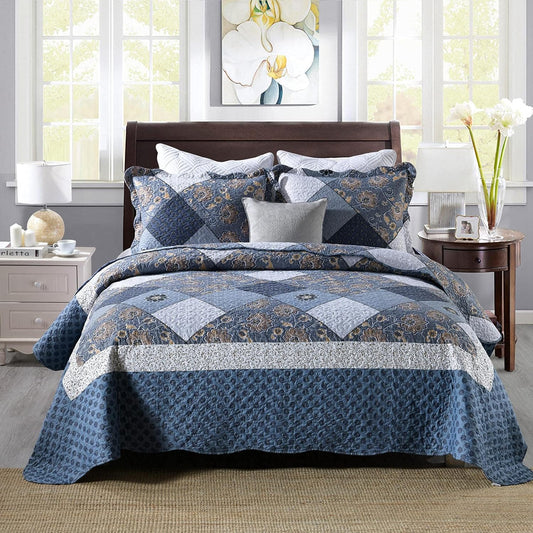 ENJOHOS Navy Blue Plaid Floral Quilt Set King Size 98"x106", 3 Pcs Boho Bedspread Coverlet Set for All Season, Patchwork Reversible Bedding Set King