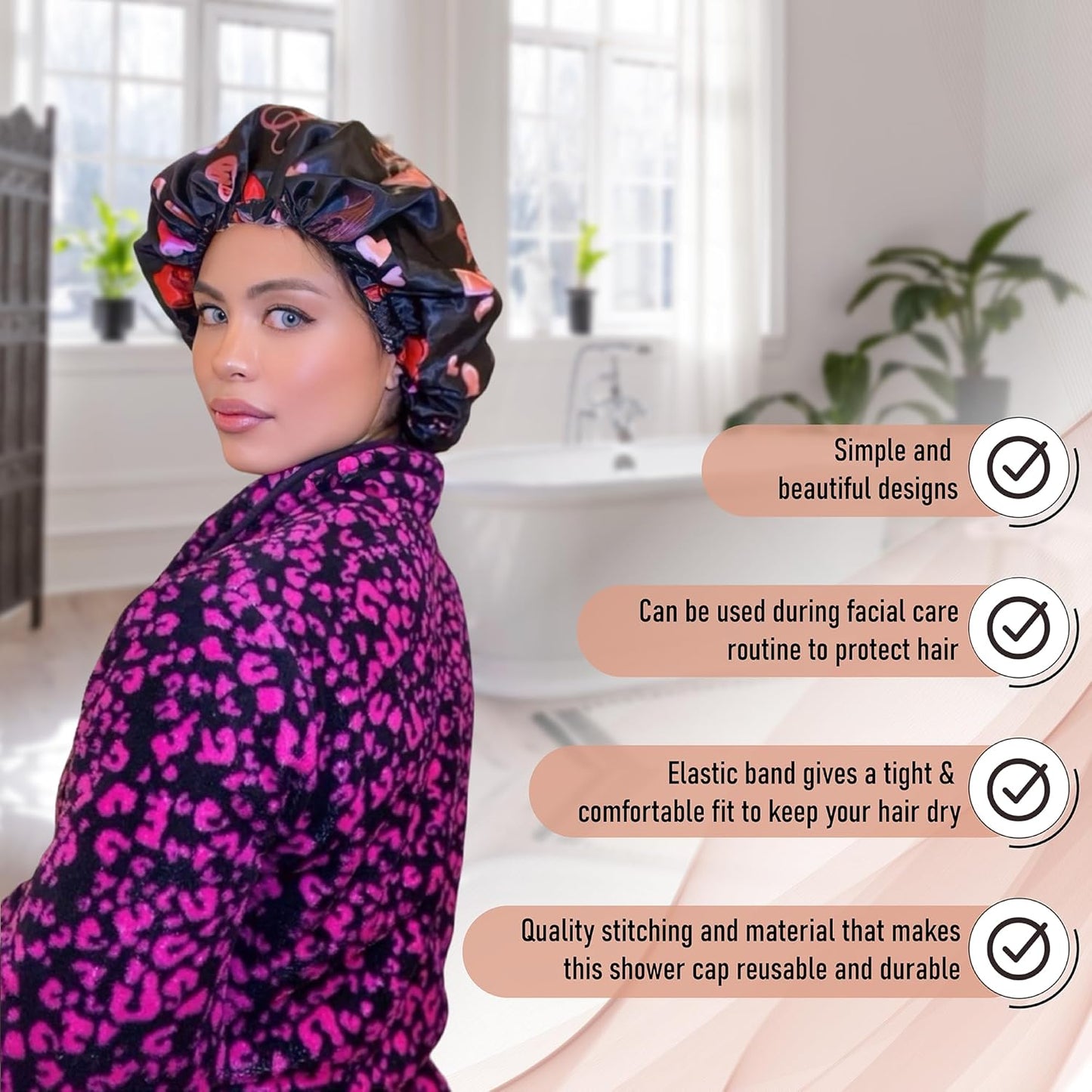 Satin Shower Cap for Women, Reusable and Waterproof Shower Cap for Long Hair, Luxury Print and Double Layer (Black Hearts, Large)