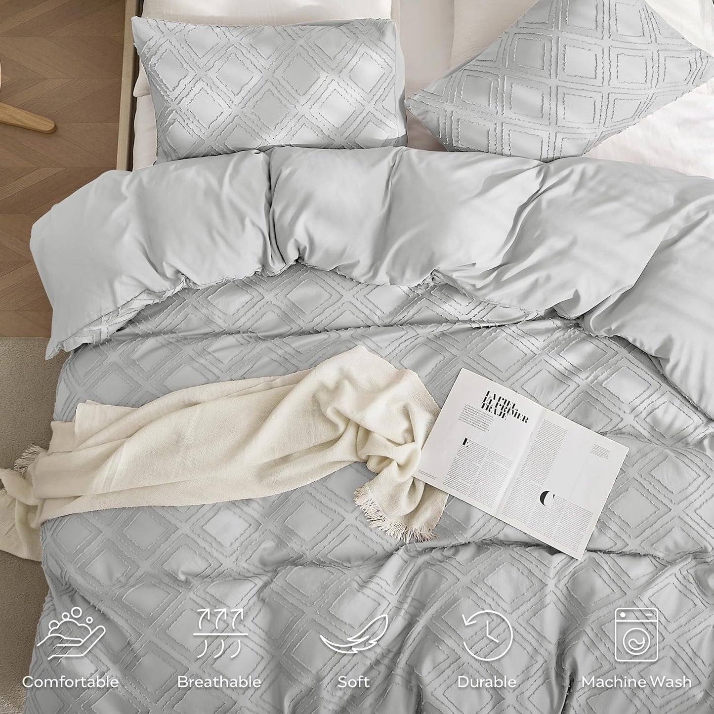 JELLYMONI Duvet Cover Queen Size Light Grey - 3PCS Boho Duvet Cover Set Plaid Polyester Tufted Bohemian Jacquard Knit Textured Comforter Cover 90×90in Rhombic Geometric Pattern Zipper Corner Tie