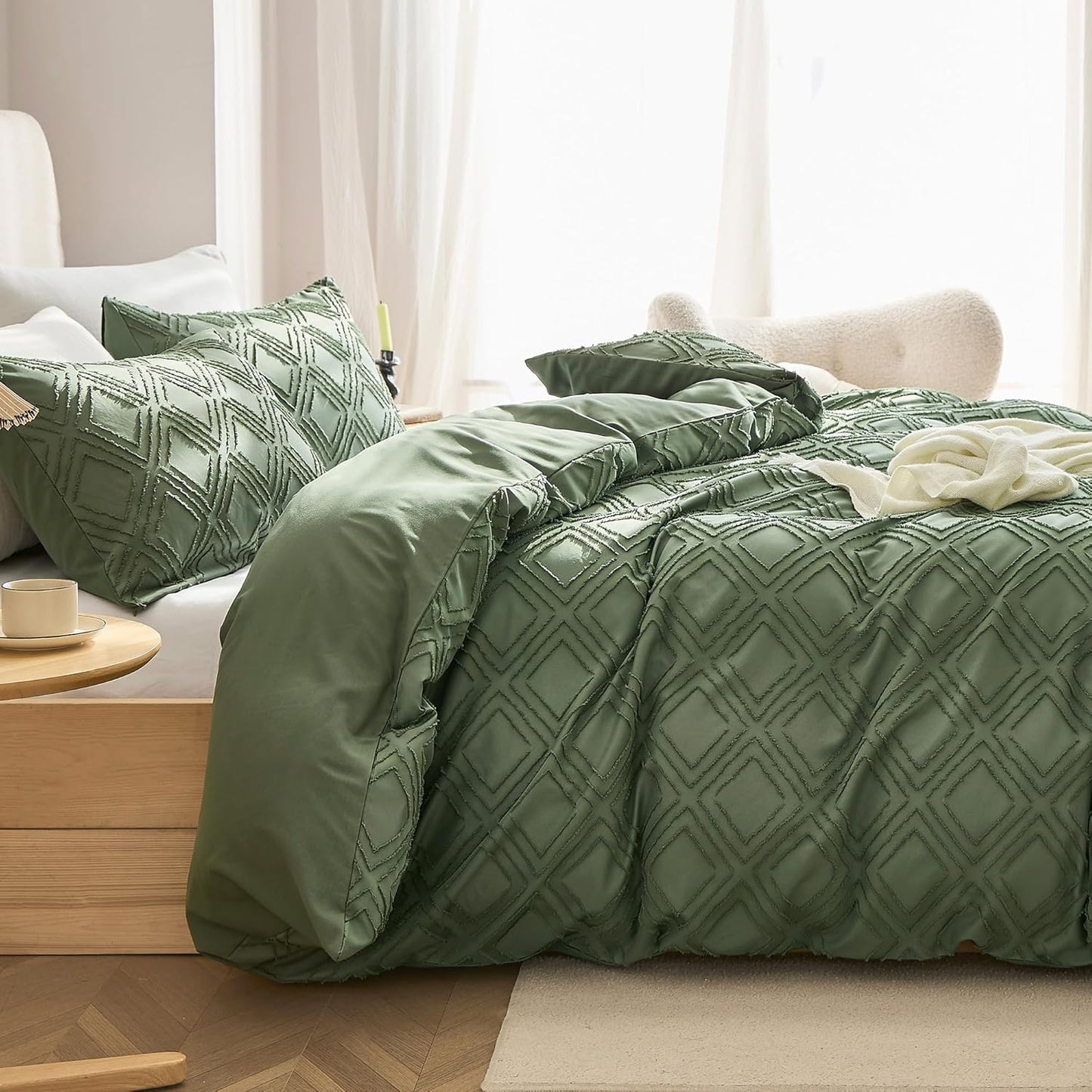 JELLYMONI Duvet Cover Queen Size Green - 3PCS Boho Duvet Cover Set Plaid Polyester Tufted Bohemian Jacquard Knit Textured Comforter Cover 90×90in Rhombic Geometric Pattern Zipper Corner Tie