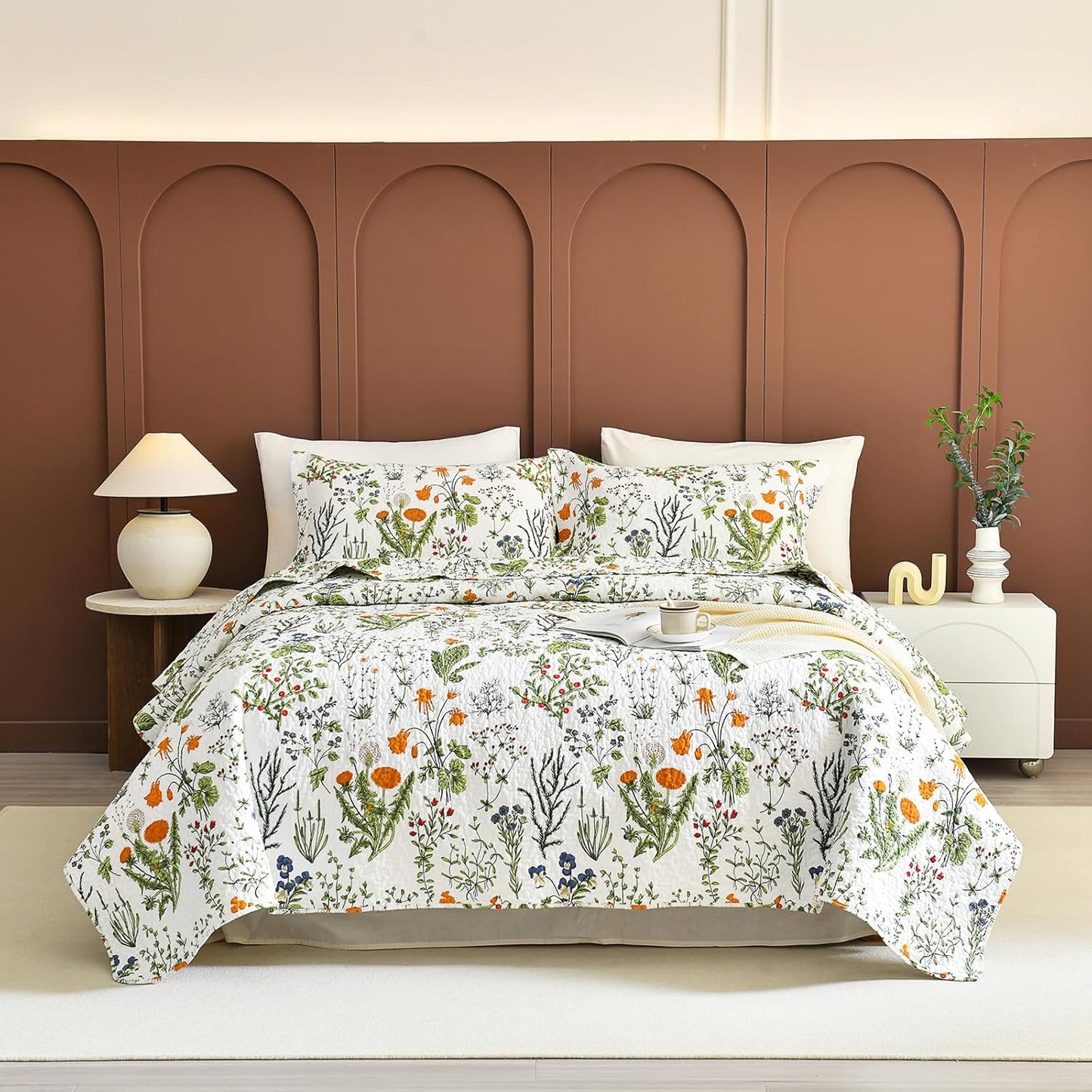 Lady Ann Oversized King Quilt Bedspreads 120x120-100% Cotton Floral California King Size Quilt Bedding Set Yellow Flowers & Leaves Pattern Plant Botanical Printed Quilted Coverlet Set, 3 Pcs