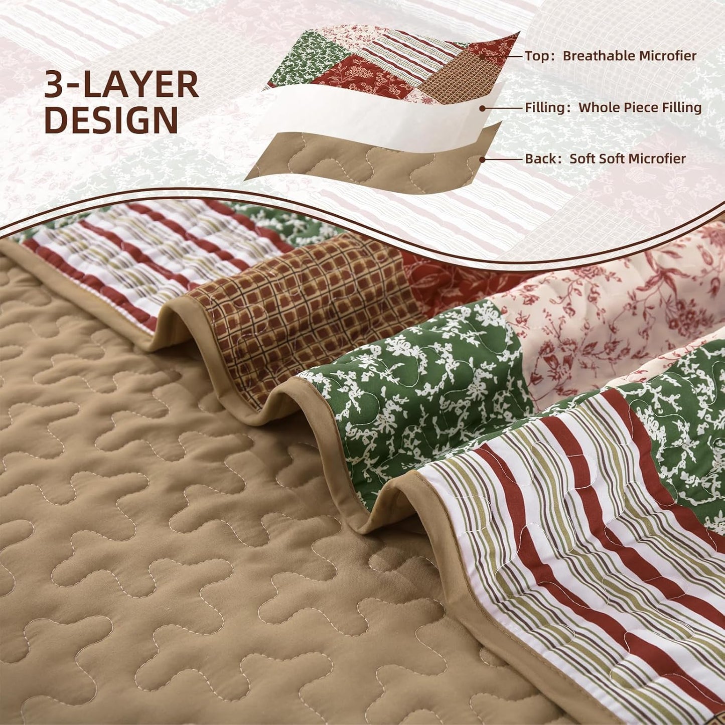 Mybedsoul Christmas Quilt Set Queen Size, 3 Pieces Red Green Floral Plaid Bedspread Coverlet Set, Reversible Soft Microfiber Bedding Set for All Season, Fall Winter Queen Christmas 90"x96"