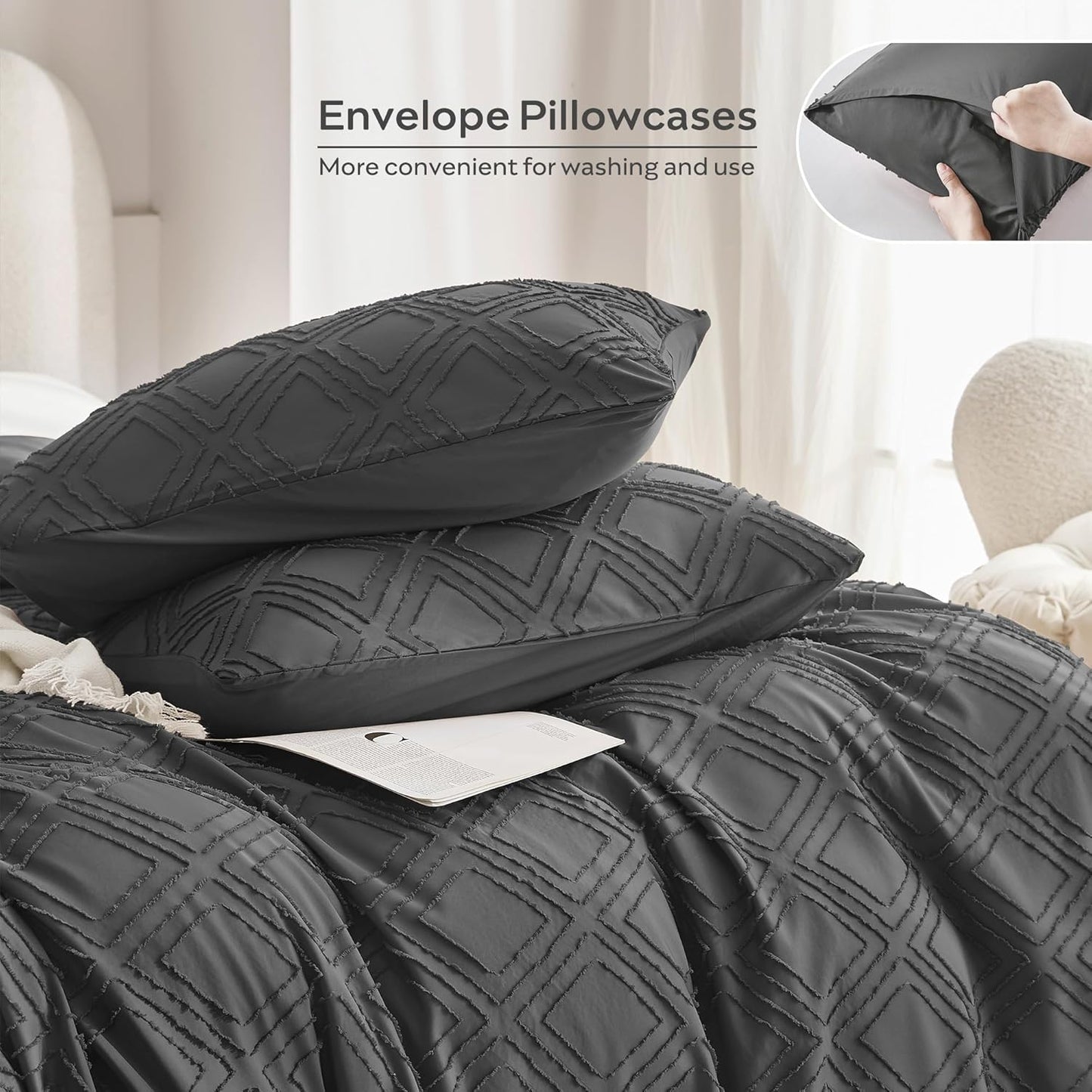 JELLYMONI Duvet Cover Twin Size Dark Grey - 3PCS Boho Duvet Cover Set Plaid Polyester Tufted Bohemian Jacquard Knit Textured Comforter Cover 68×90in Rhombic Geometric Pattern Corner Ties & Zipper