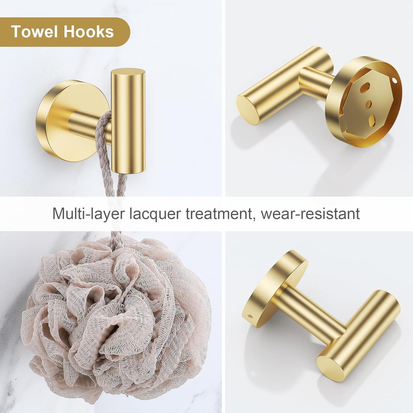 Lairuier Brushed Gold Bathroom Hardware Set, 10-Piece Towel Bar Set SUS304 Stainless Steel Bathroom Hardware Accessories Set Round Towel Holder Set Wall Mounted