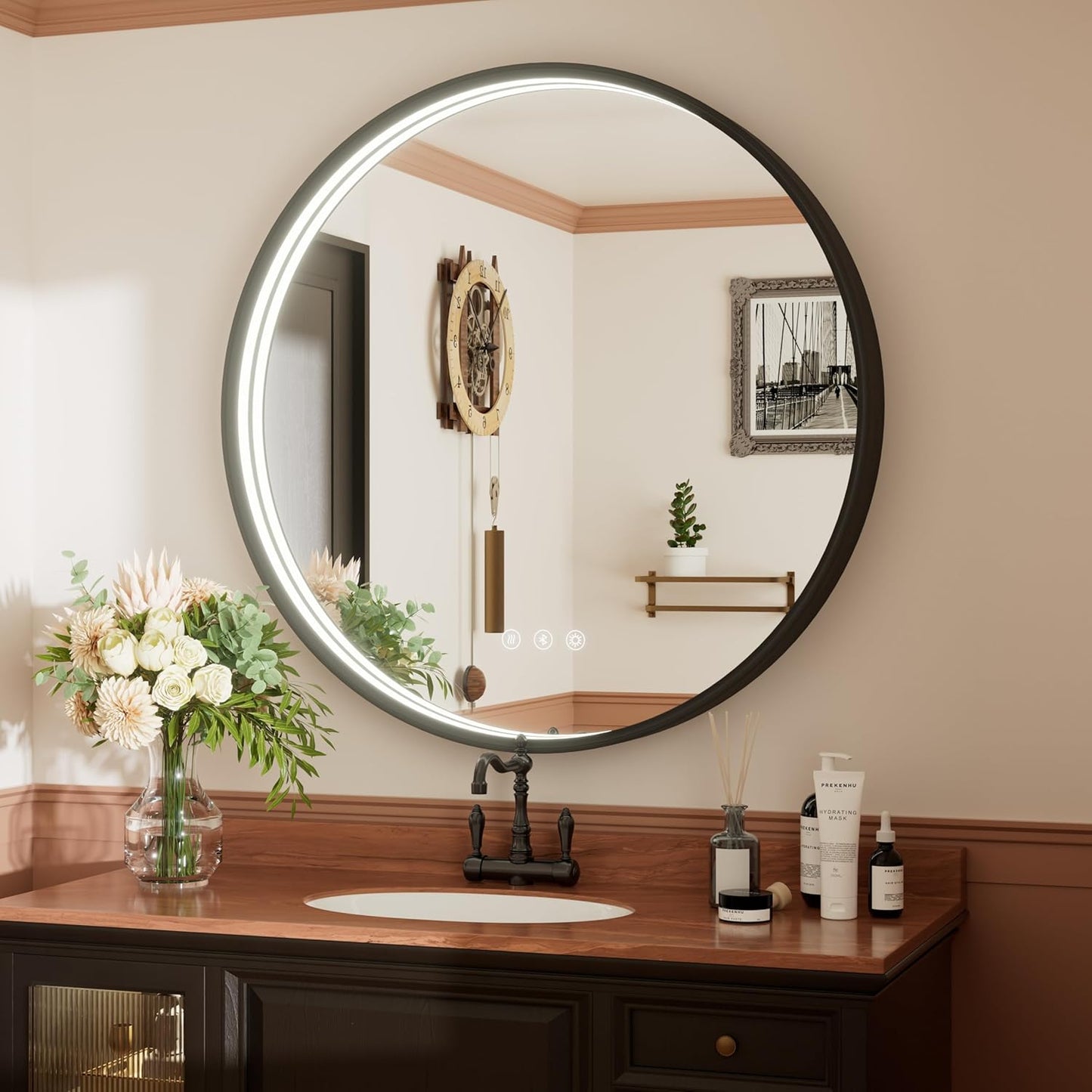 36 Inch Round LED Bathroom Mirror with Bluetooth, Black Lighted Bathroom Mirror Wall Mounted, Dimmable, Anti-Fog, 3000K/4500K/6000K