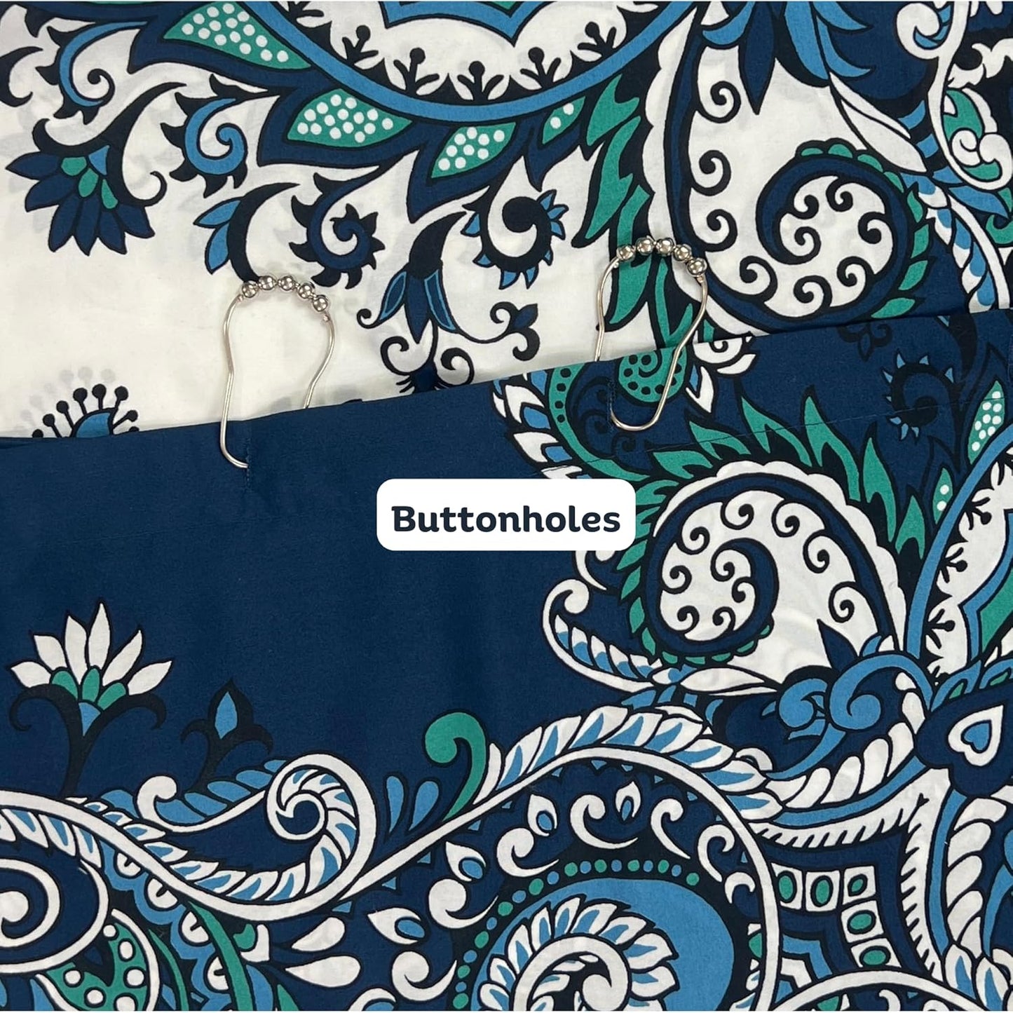 Serafina Home Boho Shower Curtain, Navy Teal White Mandala Floral Design, Fabric, 72 x 72 inches, Stain-Resistant, Paisley Pattern, with Hooks