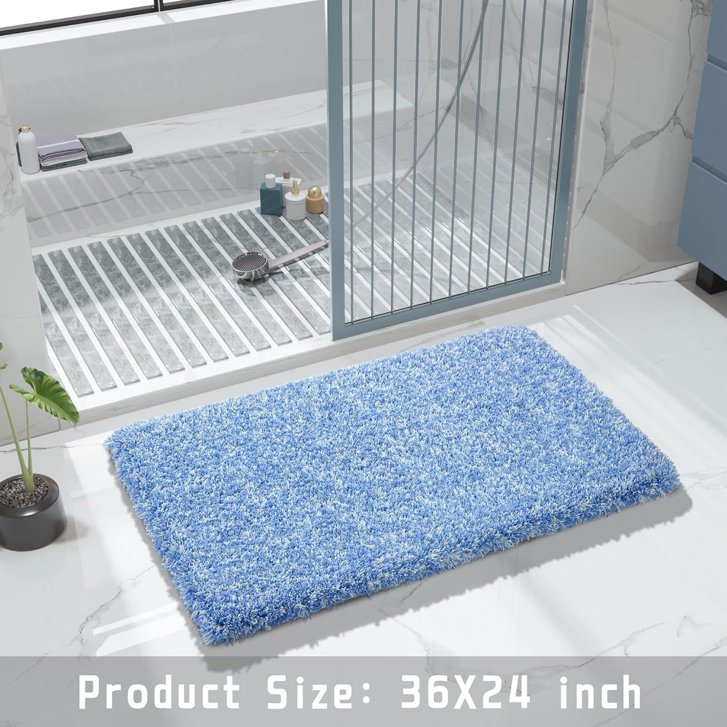 Yimobra Bathroom Rugs Non Slip Washable 36x24, Ultra Soft and Water Absorbent Bath Mats, Plush Fluffy Shower Mat Outside, Luxury Microfiber Thick Matts for Bathroom Floor/Tub, Blue and White