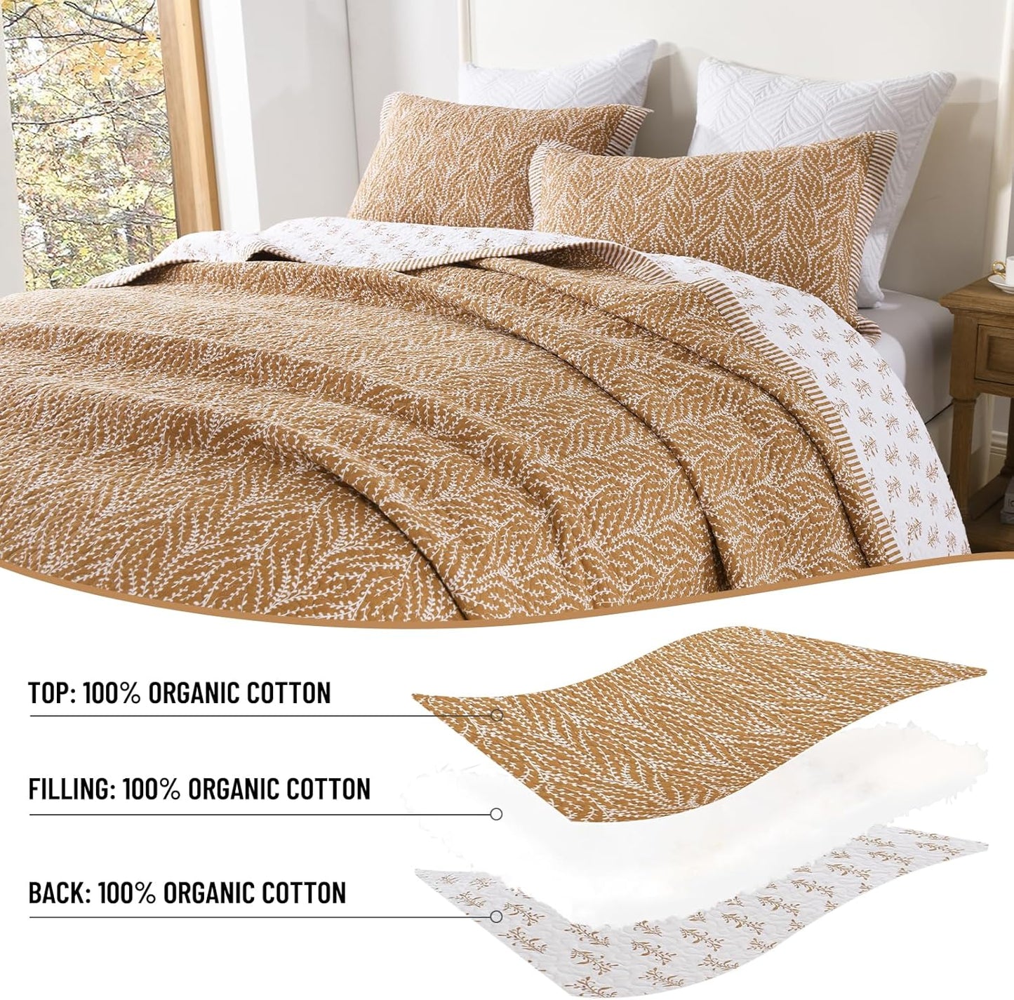 Quilt Set Queen Size - 100% Cotton Orange Flowers Reversible Bedspread Bedding Set, Lightweight 3-Piece Bed Quilts Botanical Pattern Comforter Cover with 2 Pillow Shams, All Season,90x98