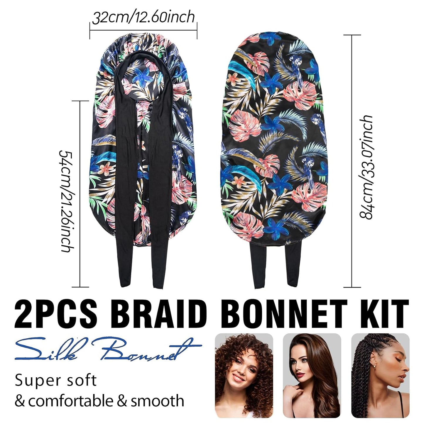 2Pcs Bonnets for Black Women Braid Bonnet, Large Long Satin Bonnet for Braids, Silk Bonnet with Stretchy Tie Band Sleep Cap Hair (2Pcs-Black&Black Pattern)