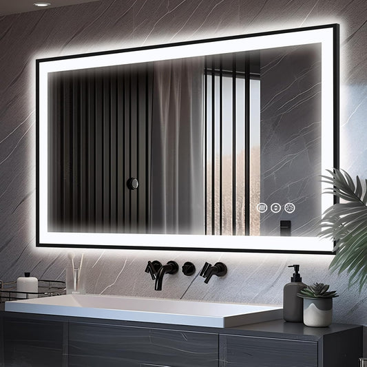48x30 LED Bathroom Mirror - Black Aluminum Framed, Anti-Fog Lighted Vanity Mirror, Stepless Dimmable, 3 Colors Smart Mirror