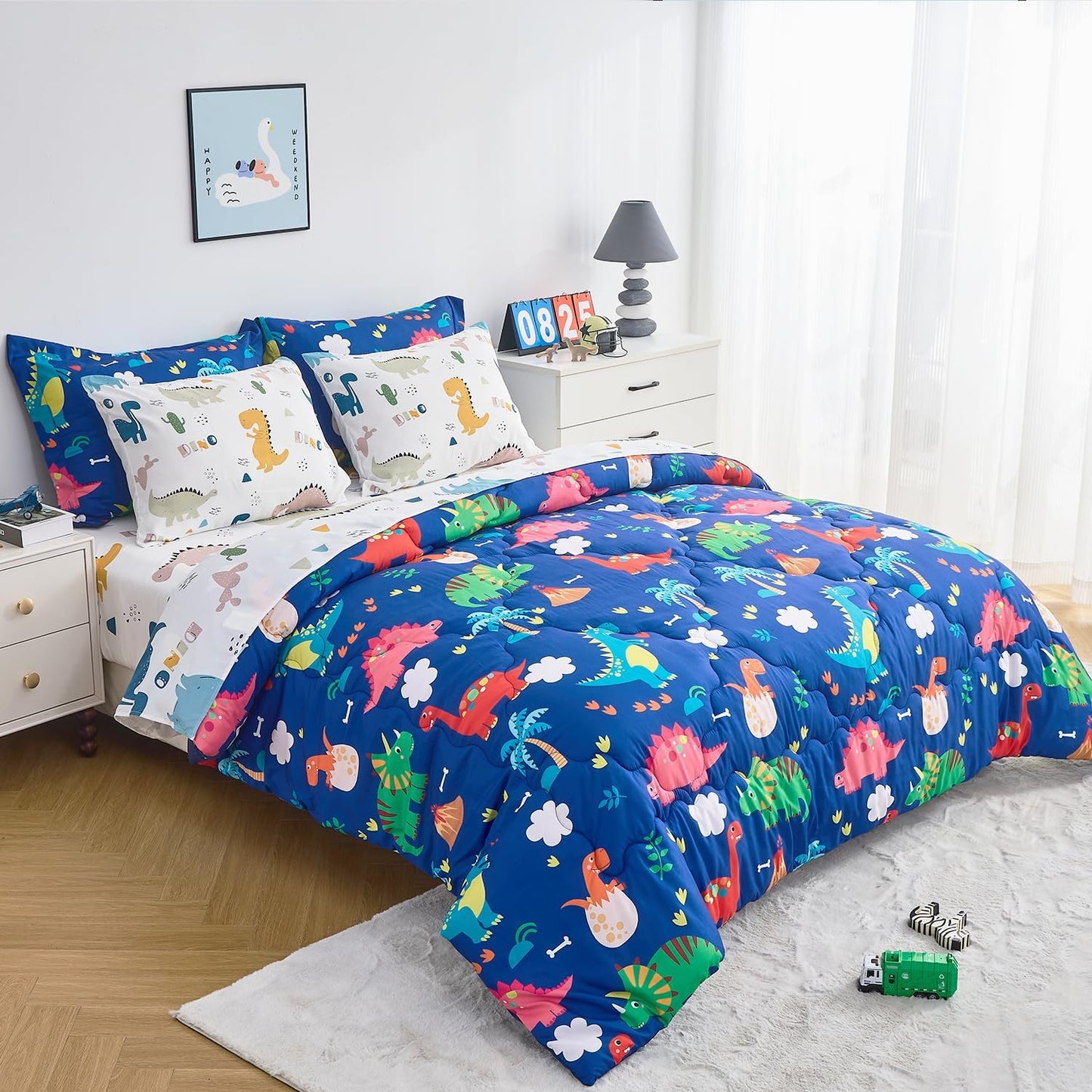 Wajade 7 Piece Kid Boys Dinosaur Comforter Set Twin Size 3D Blue Dinosaur Wild Park Jungle Print Bedding Set with Comforter, Sheet Set, Pillowcase and Sham