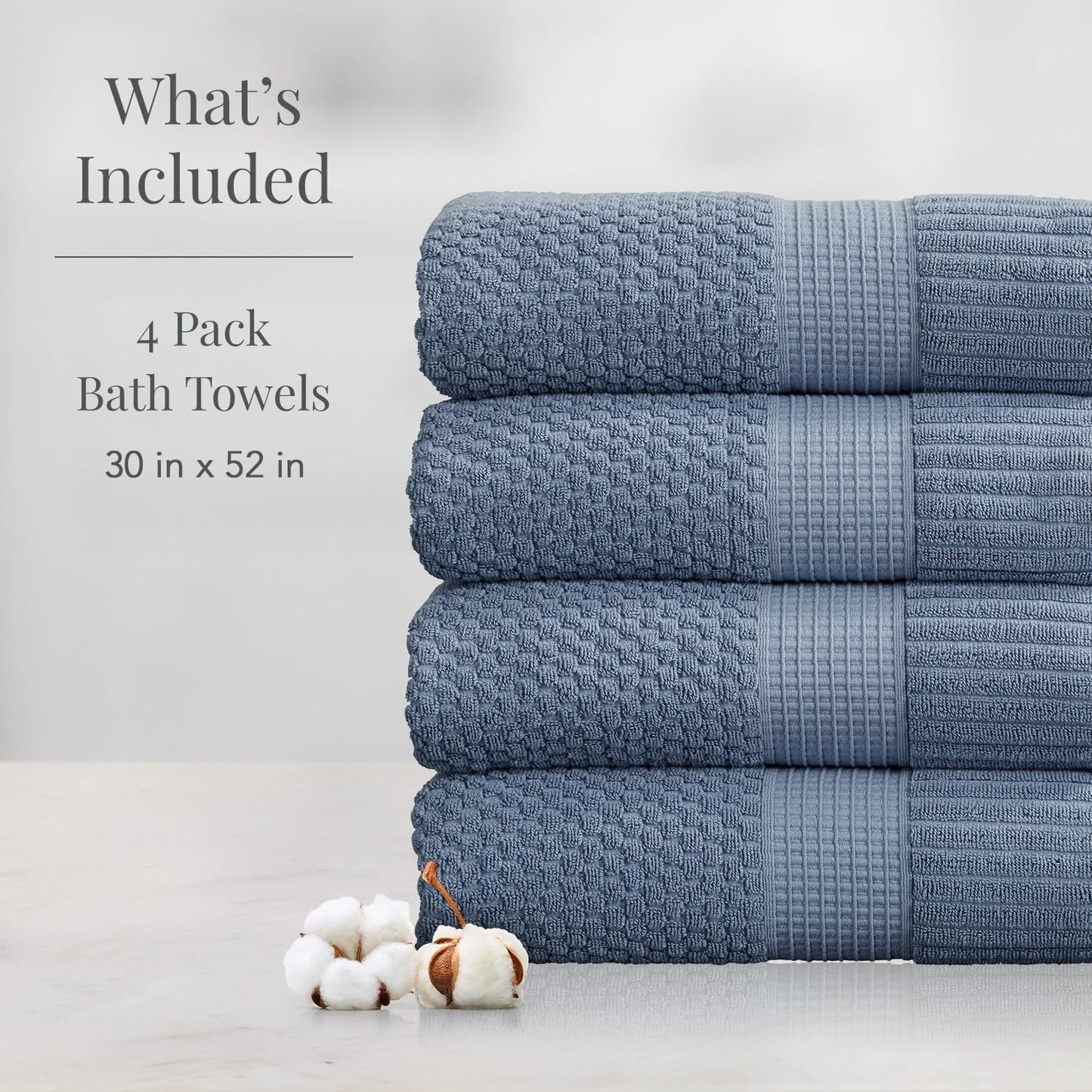 NY Loft 100% Cotton Bath Towel 4 Pack | Super Soft & Absorbent Quick-Dry Bath Towels 30" x 52" |Textured and Durable Cotton | Trinity Collection (4 Pack Bath Towel, Flint Stone)