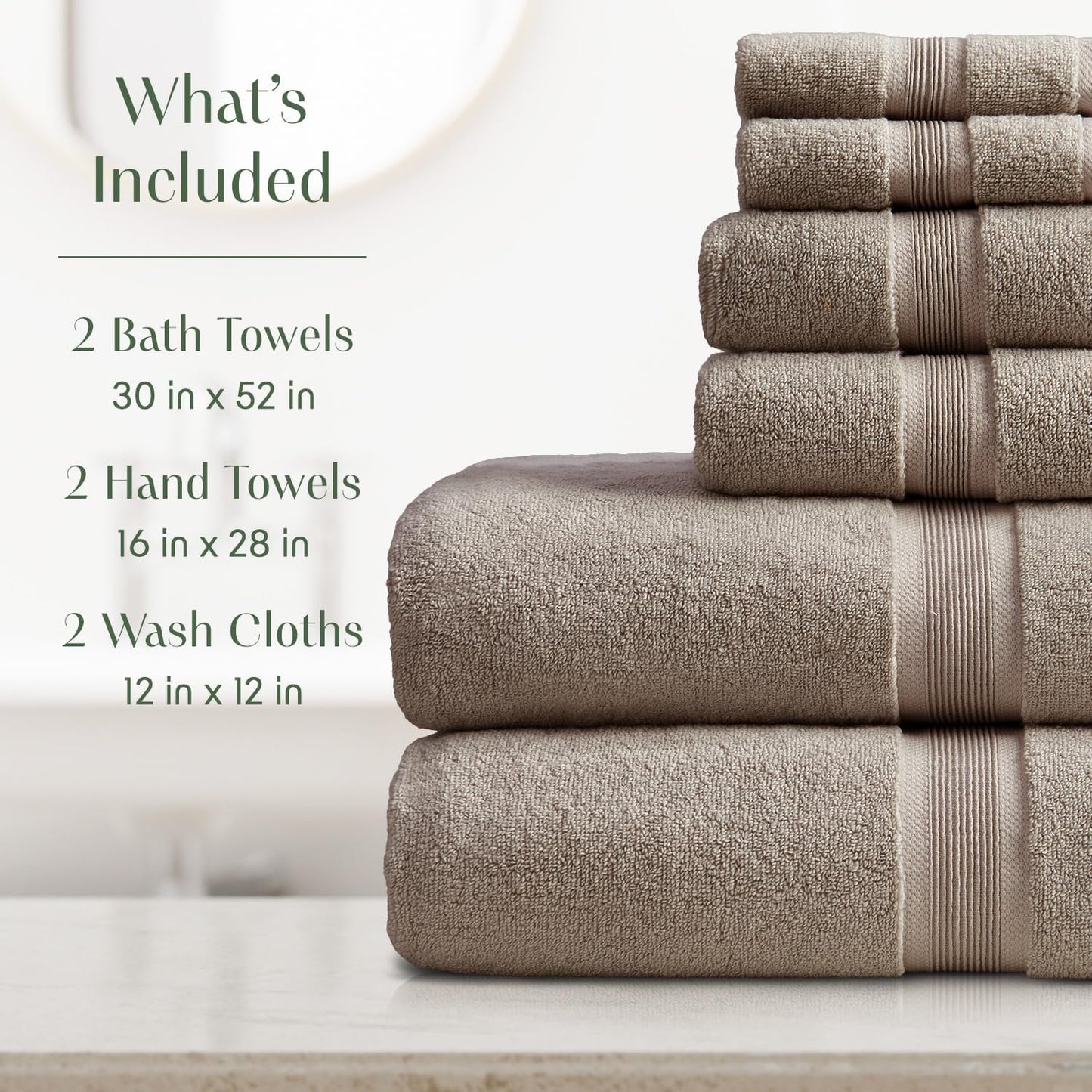 Springtree Home Luxury Bamboo Rayon Bath Towel Set 6 Piece Set | 35% Bamboo Rayon - 65% Cotton | Absorbent Quick-Dry Towels for Bathroom | Oeko-TEX Standard 100 Cotton | Cobblestone