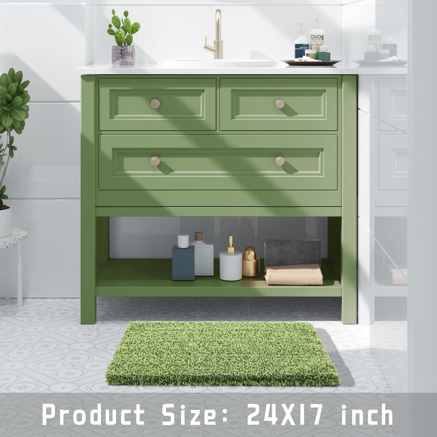 Yimobra Bathroom Rugs Non Slip Washable, Ultra Soft and Water Absorbent Bath Mats, Plush Fluffy Shower Mat Outside, Microfiber Thick Matts for Bathroom Floor/Sink, 24x17, Light Green and Dark Green
