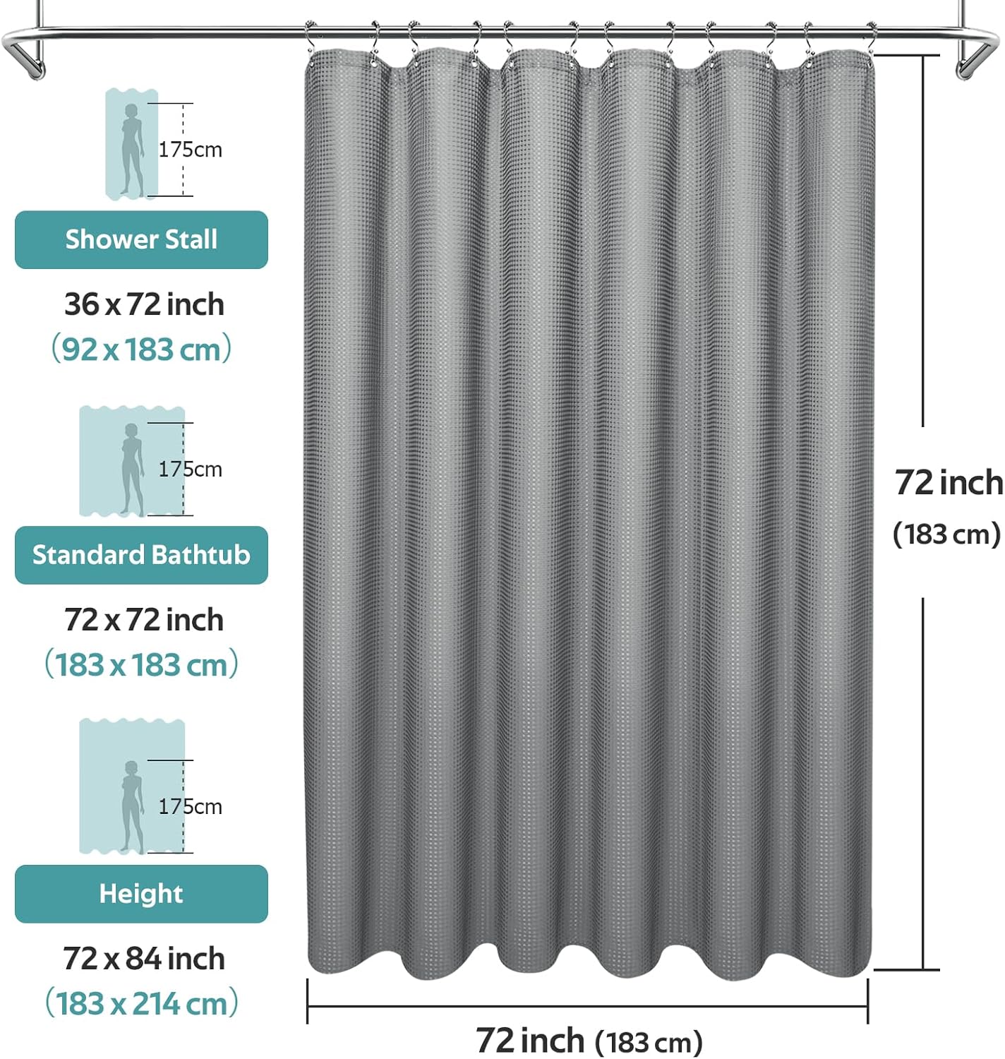 3 in 1 Shower Curtain Set, Waffle Shower Curtain and Liner Set with 12 Double Sided Shower Curtain Hooks, 258GSM Luxury Weighted Cloth Shower Curtains for Bathroom, 72 W x 72 H, Grey