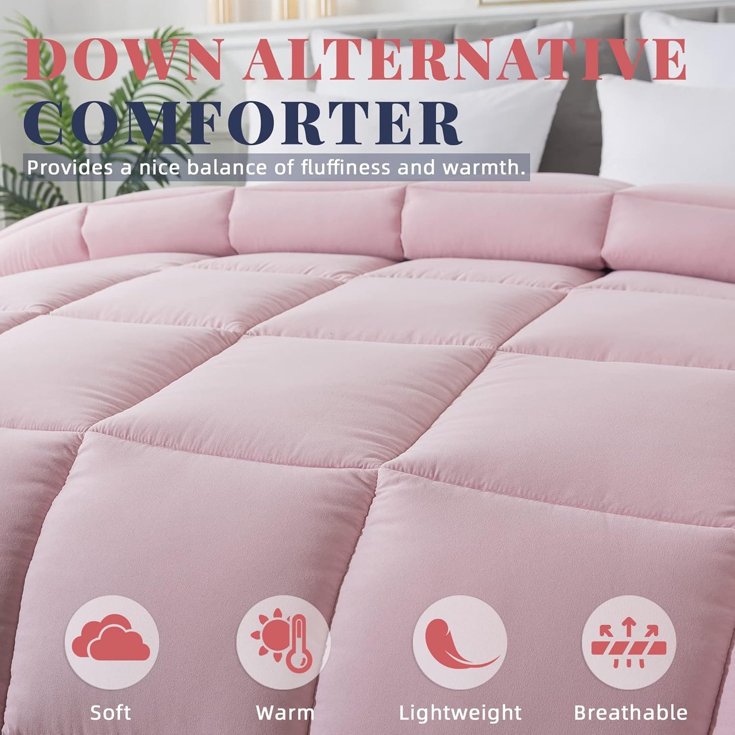 Cosybay Down Alternative Comforter (Pink/Light Grey, Queen) - All Season Soft Quilted Queen Size Bed Comforter - Duvet Insert with Corner Tabs - Winter Summer Warm Fluffy, 88x92inches
