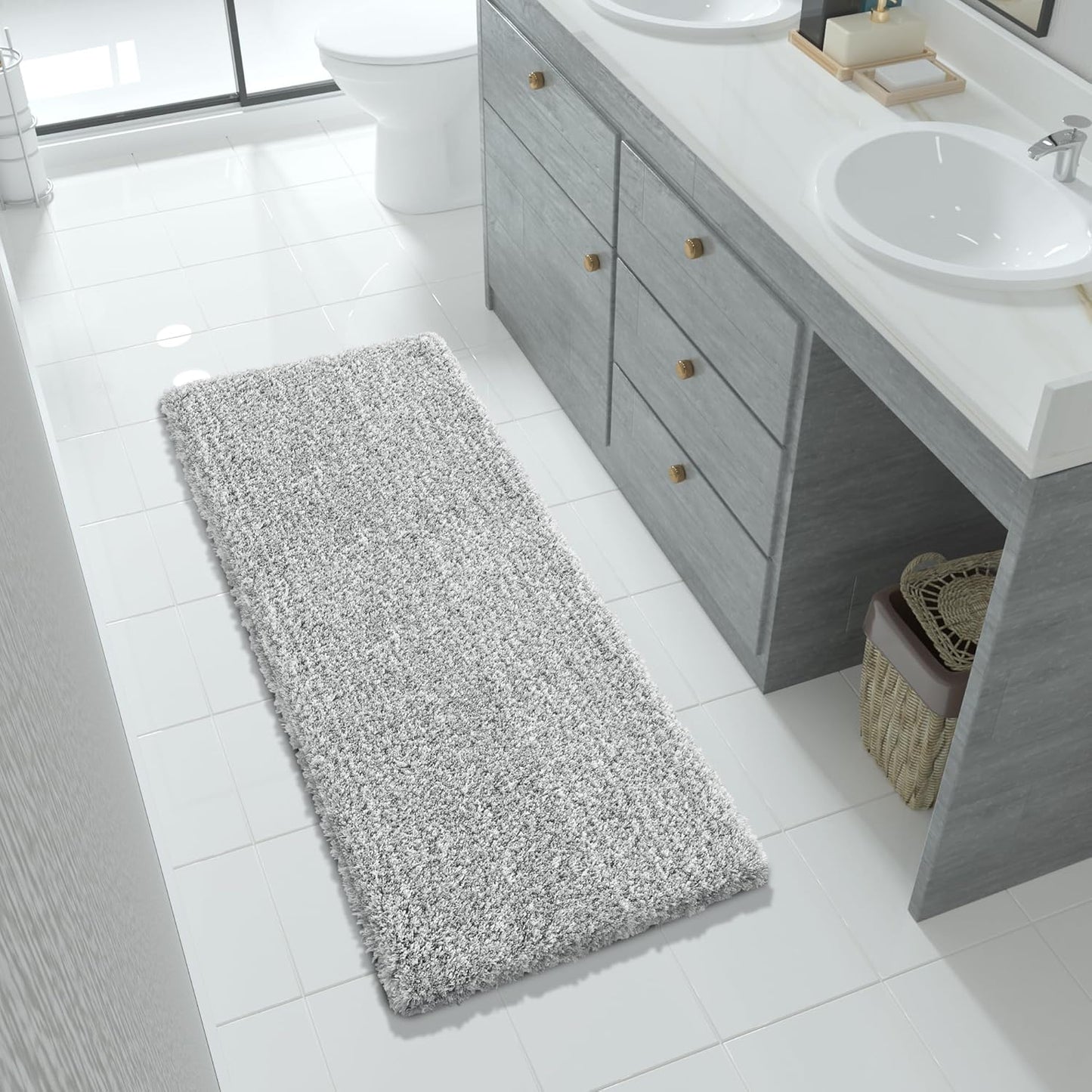 Yimobra Luxury Bathroom Rugs, Fluffy Bath Mats, Non Slip, Water Absorbent Microfiber, Machine Washable, Plush Runner Shower Rugs, Thick Matts for Bathroom Floor&Tub, 56"x 24", Light Gray and White