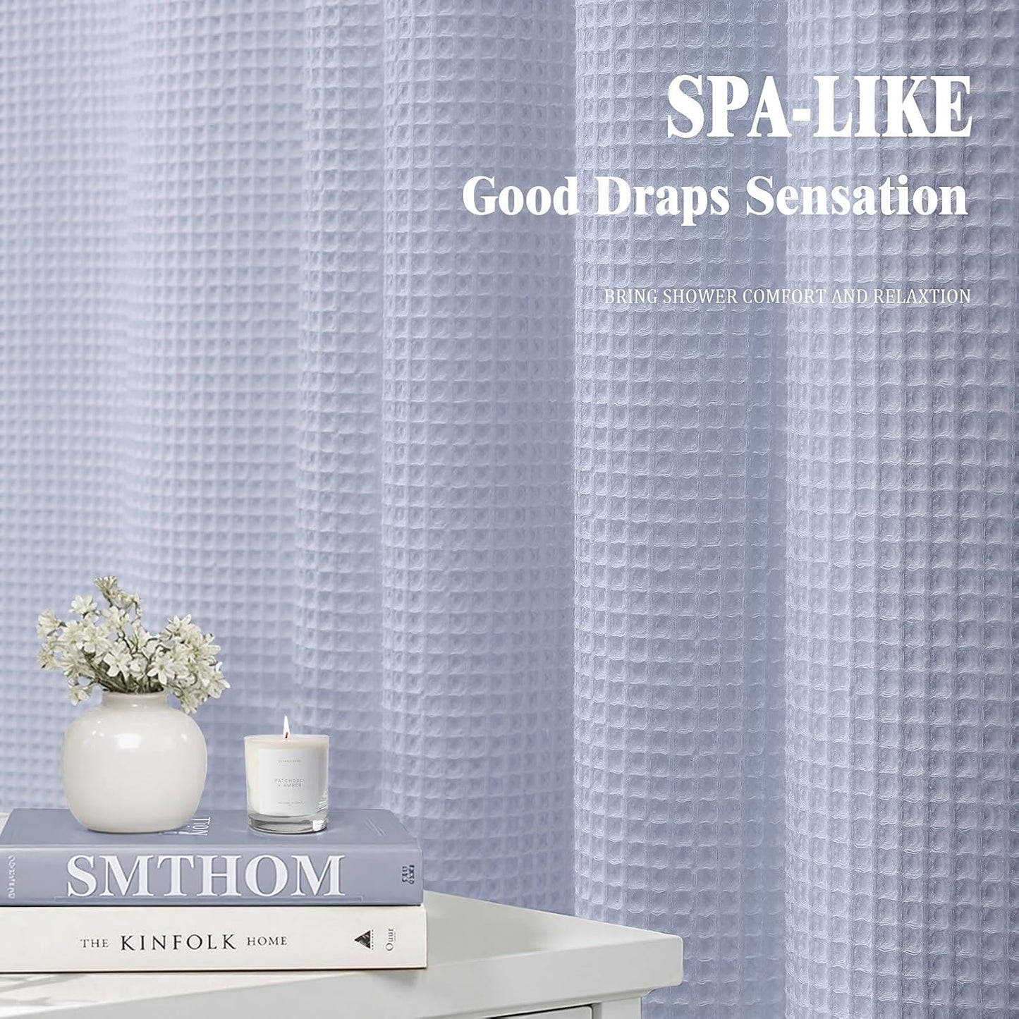 Extra Long Waffle Shower Curtain - Misty Blue Cotton Texture Fabric Heavyweight Shower Curtain for Bathroom,72Wx84L