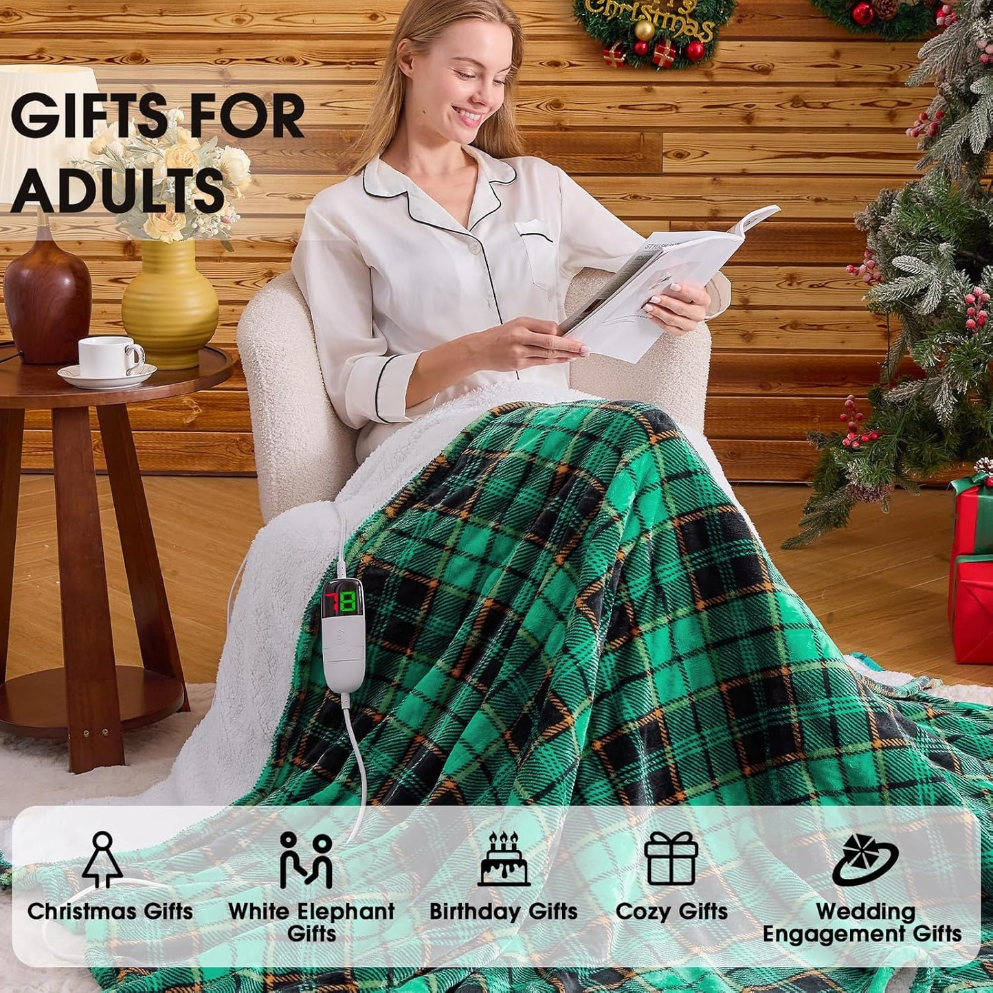 Electric Heated Blanket King Size, 90X100 Christmas Blanket with Dual Control&10 Heats Levels&Timer for Bed,Large Green Plaid Soft Sherpa Heating Blankets Warmer Gifts for Grandma Women Adults