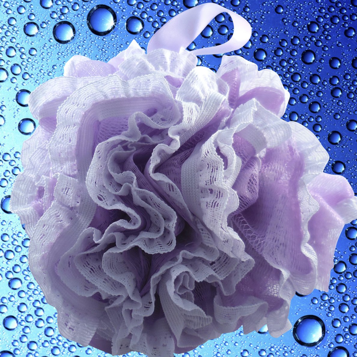 Loofah-Bath-Sponge Lace-Mesh-Set // 2-Scrubs-in-1 by Shower Bouquet/Large Full 60g Pouf (4 Pack Spa Colors) Body Luffa Loofa Loufa Puff - Exfoliate, Cleanse Skin with Luxurious Bathing Accessories